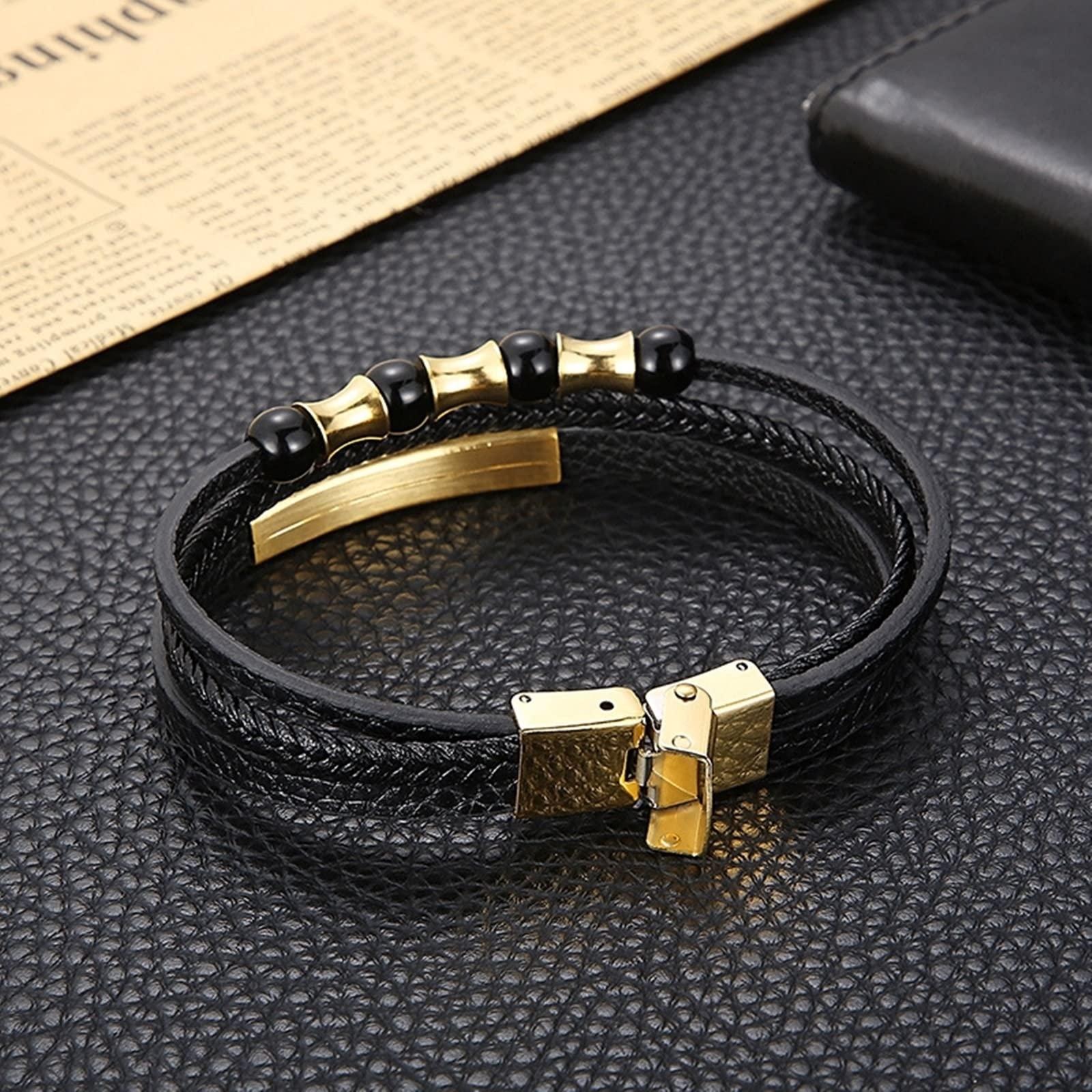 Pulsera de Acero Inoxidable para Hombre, Pulsera de Cuero para Hombre, Pulsera Multicapa con Cuentas Negras, Pulsera de Cadena Punk Fresca de 21 cm de Longitud