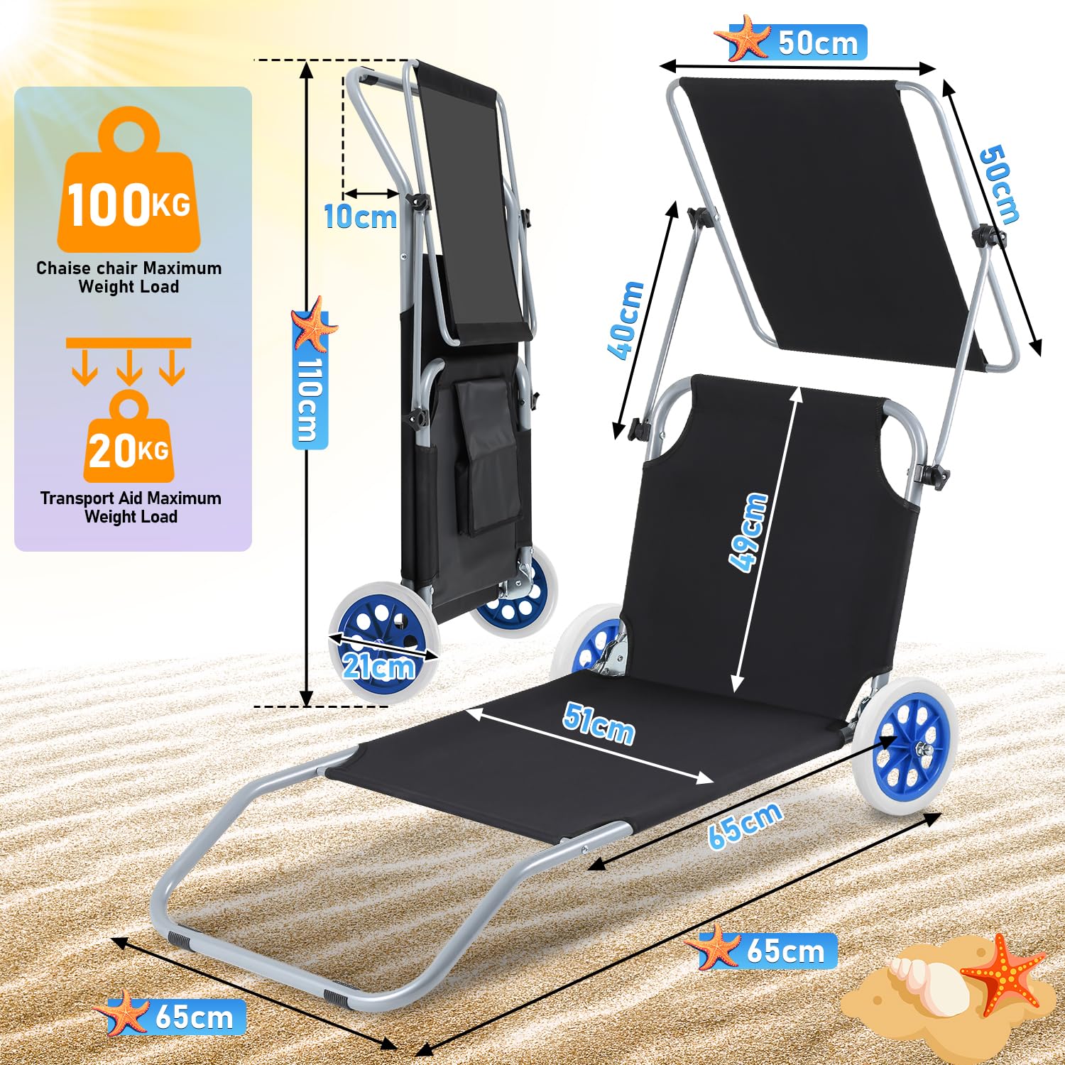 2X Sonnenliege Klappbar mit Dach Liegestuhl mit Rollen, Strandliege 5-Fach Verstellbarer Rückenlehne,100kg belastbar Gartenliege,Campingliege für Strand oder Pool Garten,Alu,Schwarz