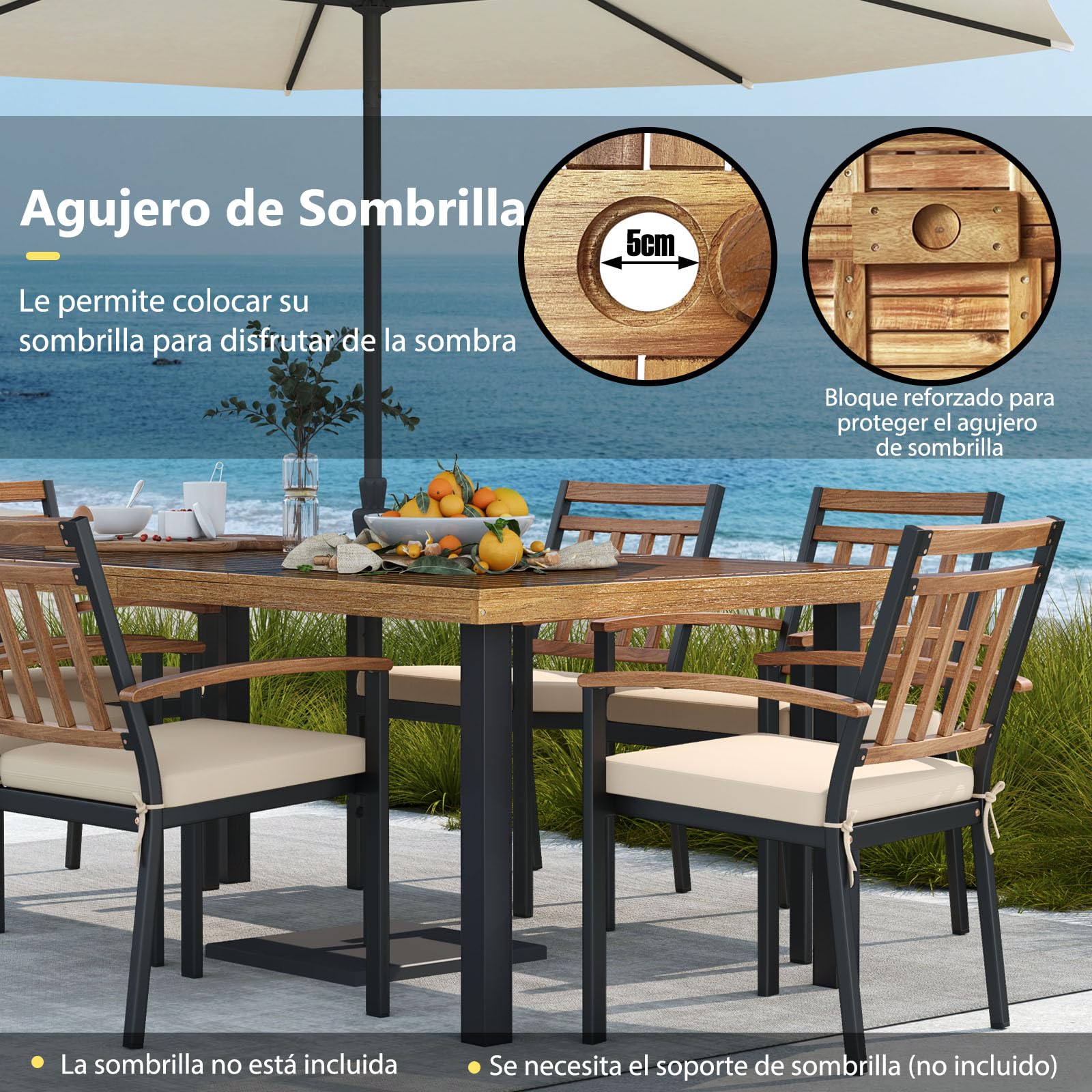 COSTWAY Mesa Jardin Exterior de Madera Acacia, 200 x 100 cm, Mesa Comedor Exterior para 8 Personas, Orificio para Sombrilla, Mesa Rectangular Terraza Balcon Jardin, Natural y Negro