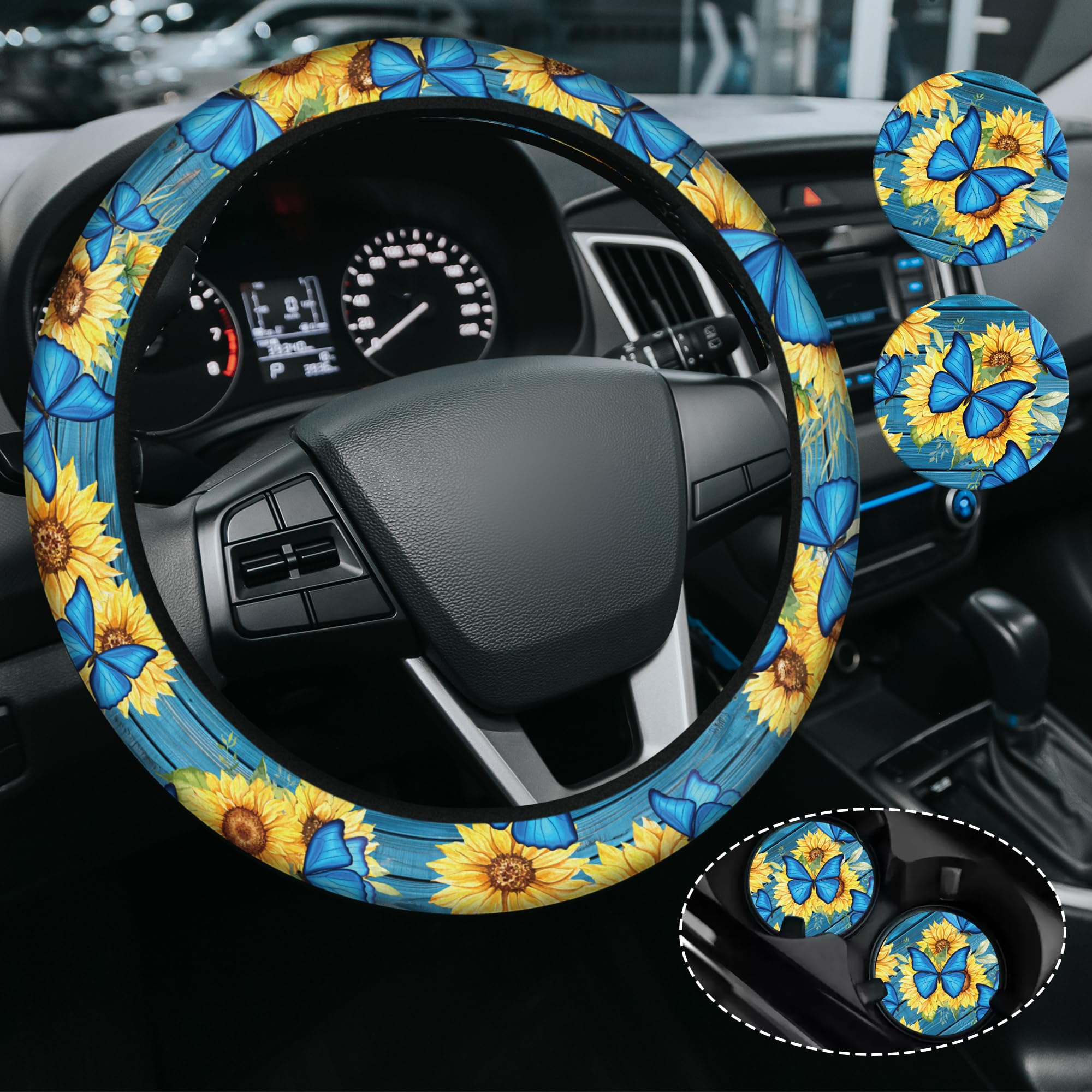 Capa de volante de borboleta azul e girassol para mulheres, capas de volante de neoprene
