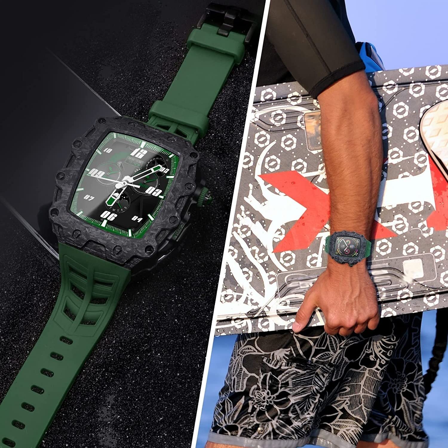 SCHIK Zestaw modyfikacyjny etui do zegarka z włókna węglowego, do Apple Watch 44/45 mm z silikonowym paskiem dla mężczyzn i kobiet, pasek ze stali nierdzewnej, akcesoria do IWatch serii 8 7 6 5 4 SE akcesoria
