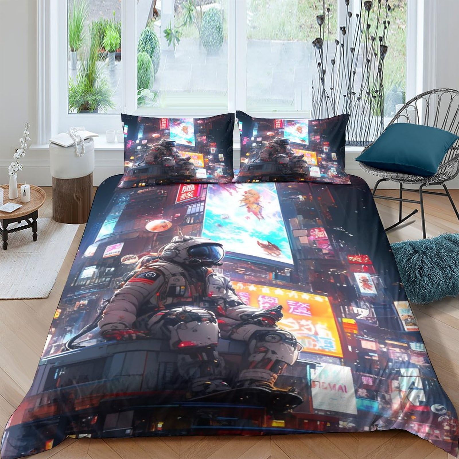 Housse de couette enfant astronaute 200x200 microfibres avec taie d'oreiller lit double