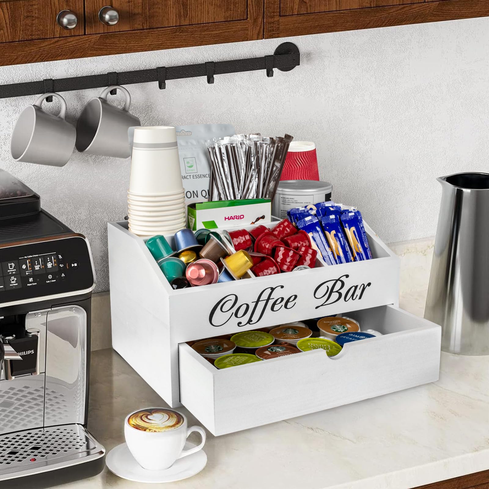 Organizador de Café y Té-Caja de Madera para Accesorios de Cafetera-Infusiones -Bandeja de Madera 1 Cajón para Infusiones, Azucarillos, Tazas, Cápsulas, Blanco