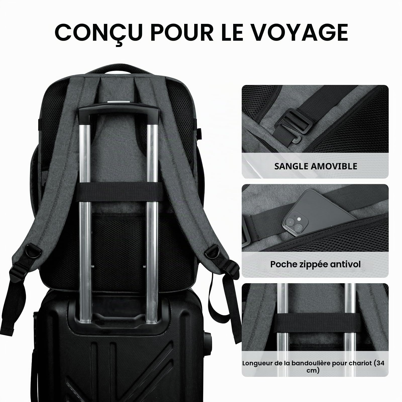 WANDF Sac à Dos Bagage à Main 45x36x20cm pour Easyjet Airlines, Sac à Main de Voyage sous Siège avec Compartiment Humide, Sac à Dos pour Ordinateur Portable 17 Pouces pour Hommes et Femmes