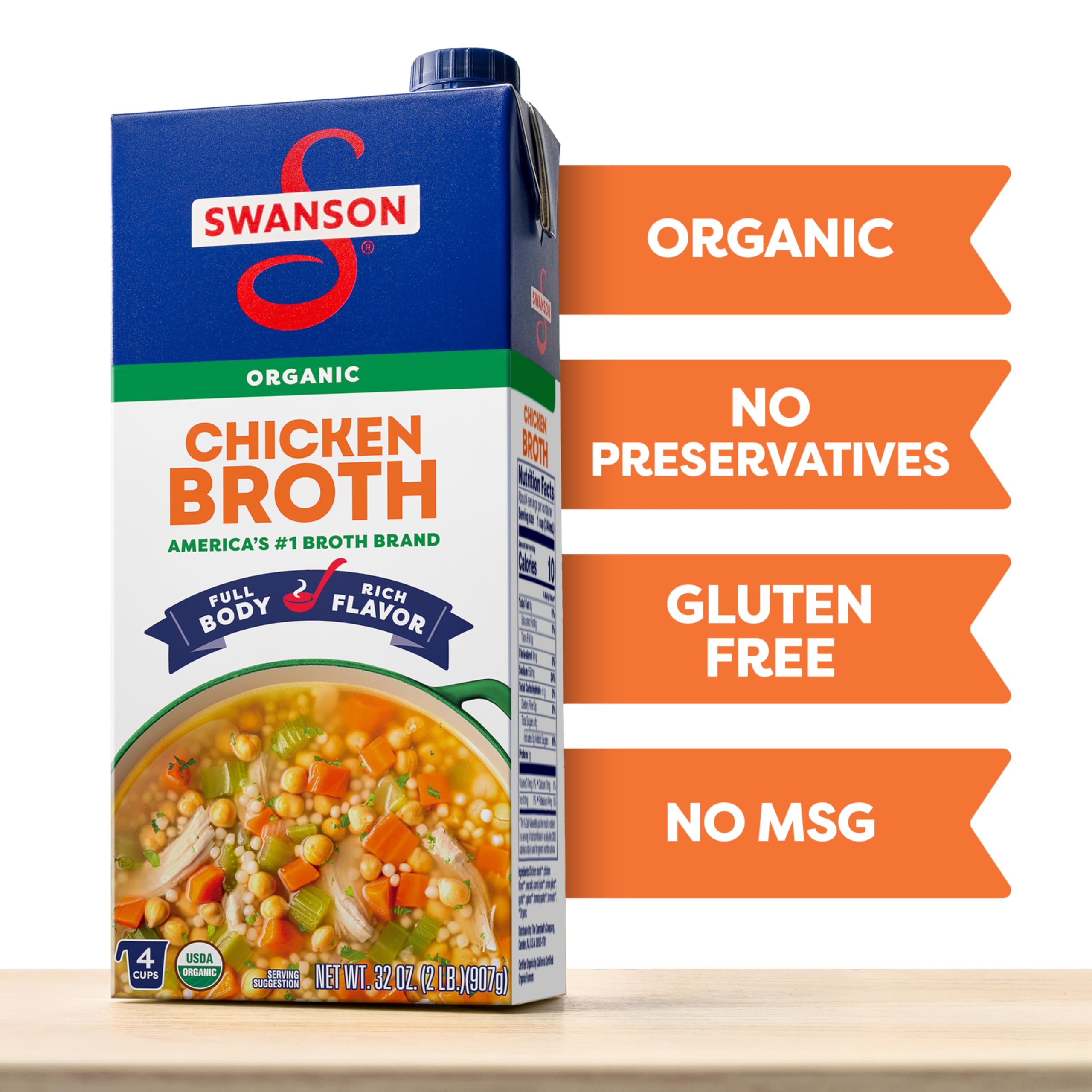 SWANSON S 100% Natural Organic Chicken Broth, 32 oz Carton