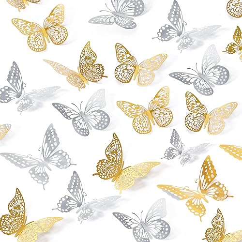 SAOROPEB 3D Butterfly Wall Decor 48 Pcs 4 Styles 3 Sizes-White Butterfly Birthday Decorations&Butterfly Party Decorations&Butterfly Cake Decorations-Removable Gold Butterfly Decorations (Gold, Silver)