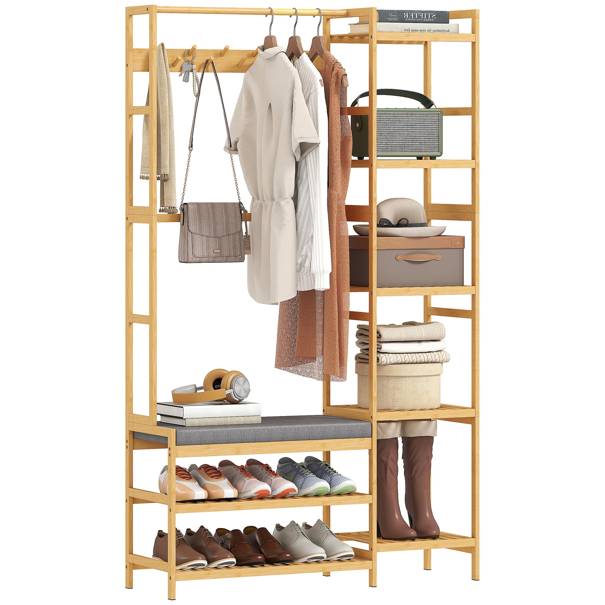 HOMCOM Perchero, 10 ganchos, Natural, Altura 175 cm | Banco acolchado con 2 estantes, barra ropa, 5 compartimentos abiertos, perchero para pasillo, dormitorio, sala