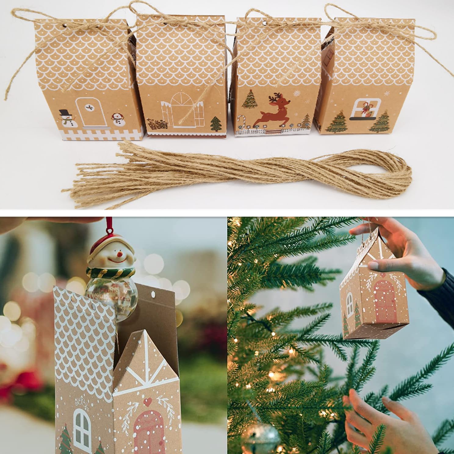 RUIYWEN 24 Scatoline Natalizie A Forma Di Casa In Carta Kraft – 7x5x10,5 Cm, Con Corda, Per Dolci E Regali