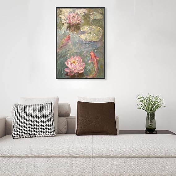KOEUIRW Vintage Koi Fish Canvas Wall Art Traditional Chinese Pink Lotus Posters Feng Shui Lucky Carp Lotus Flower Leaves Pond Paintings For Living Room Bedroom Dorm Wall Decor 12x16in Unframed