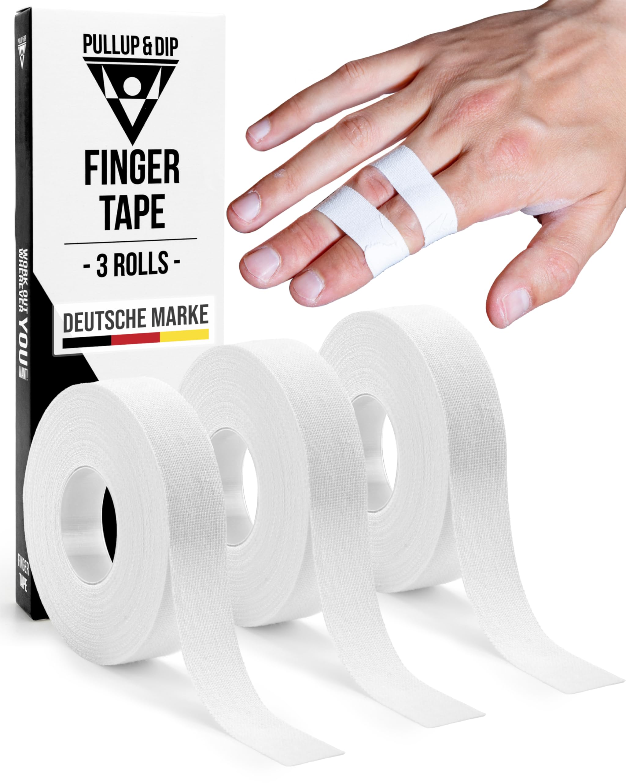 PULLUP & DIP Finger Tape with Extra Strong Adhesive, 3 Rolls (Total 98 ft.) Climbing Tape, Skin-Friendly Sports Tape, Hand Tape for Weight Training, Bouldering, Basketball, Handball (White)