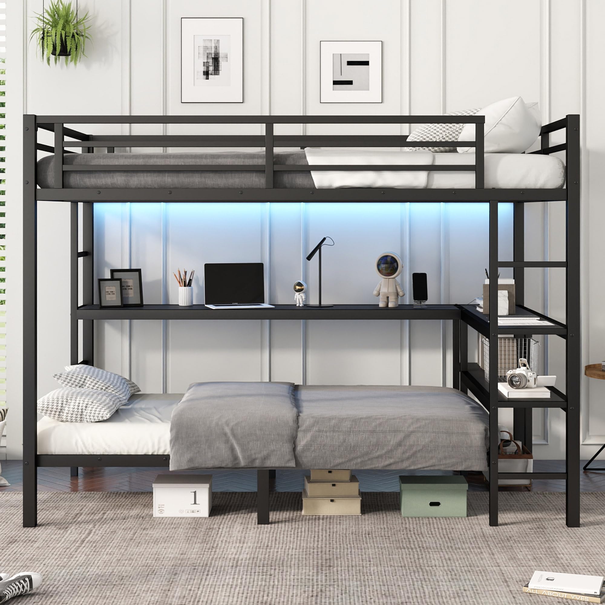 Full XL Over Twin Metal Bunk Bed with Built-in Desk and Shelves, Loft Bed with LED & Charging Station, Heavy Duty Bunk Beds with Safety Guard & Ladder for Adults Kids Teens, Black (Full XL Over Twin)