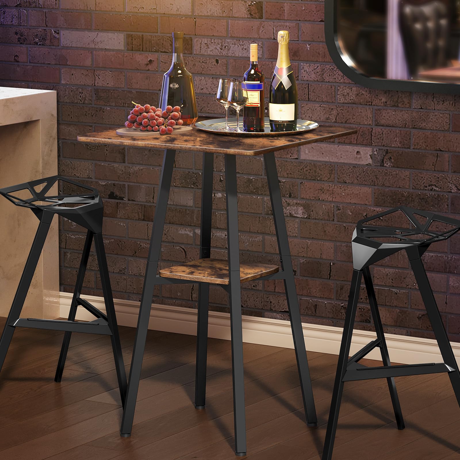 HOOBRO Mesa de Bar, Mesa Alta de 2 Niveles, Mesita de Cocina Pequeña con Almacenaje, para Sala de Estar, Fácil Montaje, Marrón Rústico y Negro EBF51BT01
