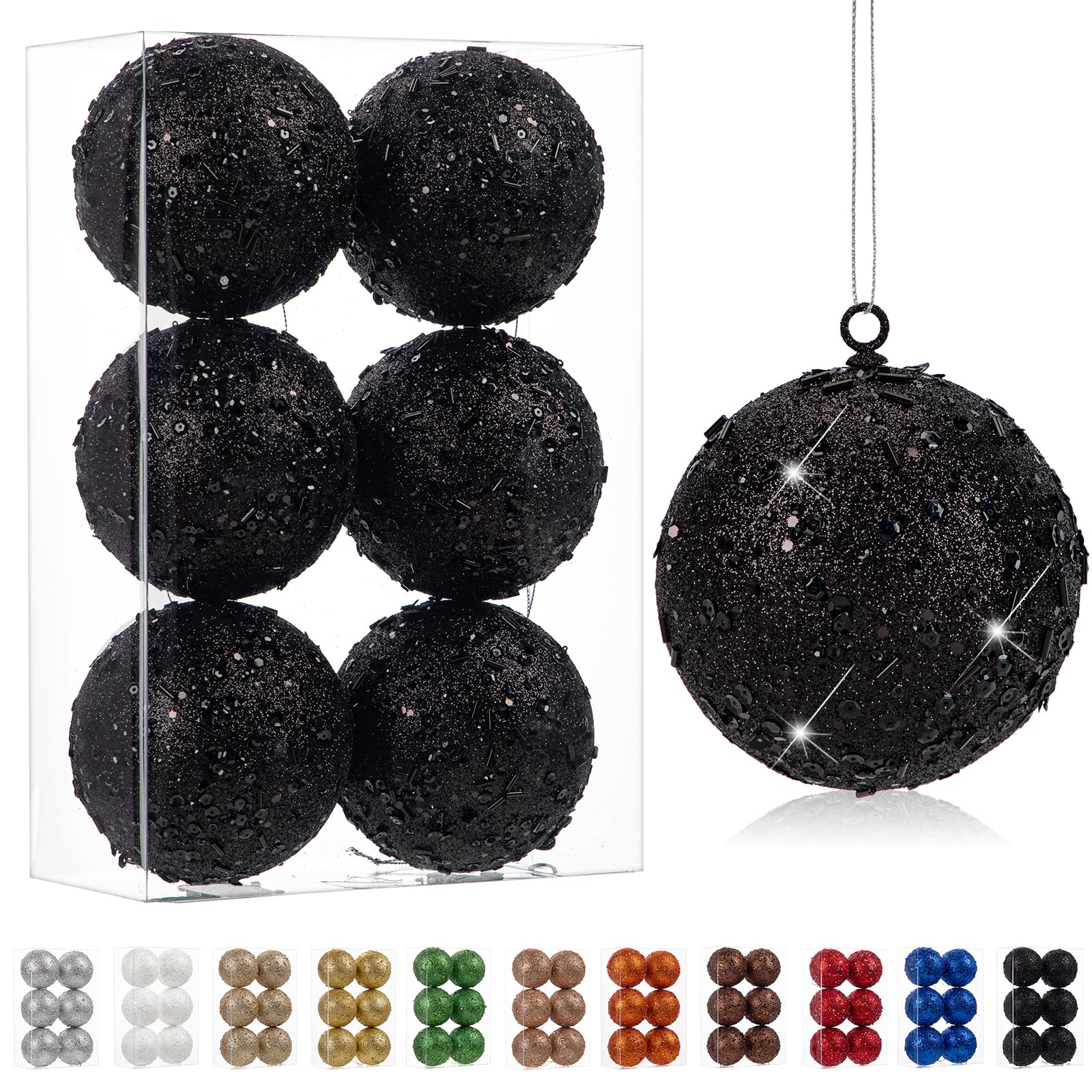 Set di 6 palline decorative per albero di Natale, 10 cm, con glitter olografici, decorazioni delicate per albero di Natale, matrimoni di Natale, colore nero