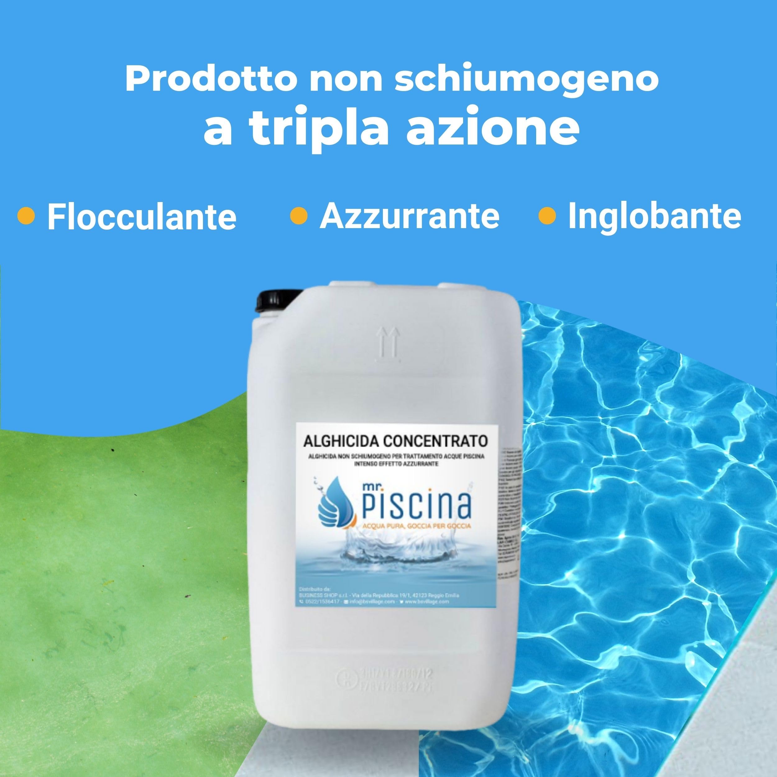 Antialghe per Piscina ALGHICIDA CONCENTRATO - Anti Alghe Tripla Azione Non Schiumogeno, Azzurrante Piscina (25 kg)