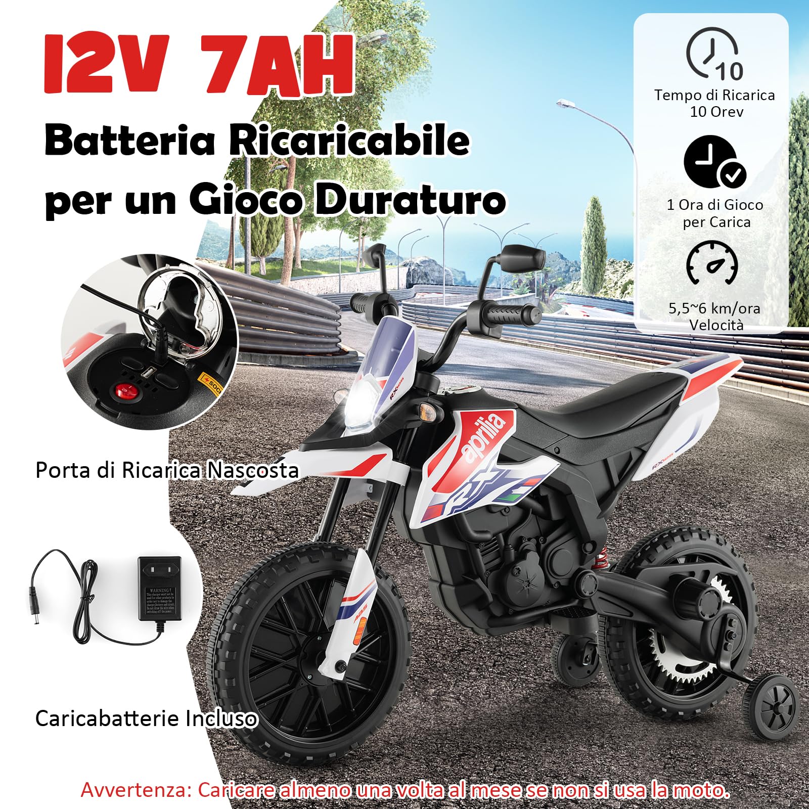 RELAX4LIFE Moto Elettrica Aprilia RX 12 V per Bambini, con Rotelle Ausiliarie, 5,5-6 km/h, Luci,Musica,Fari, Carico 30 KG, per Bambini 3-8 Anni