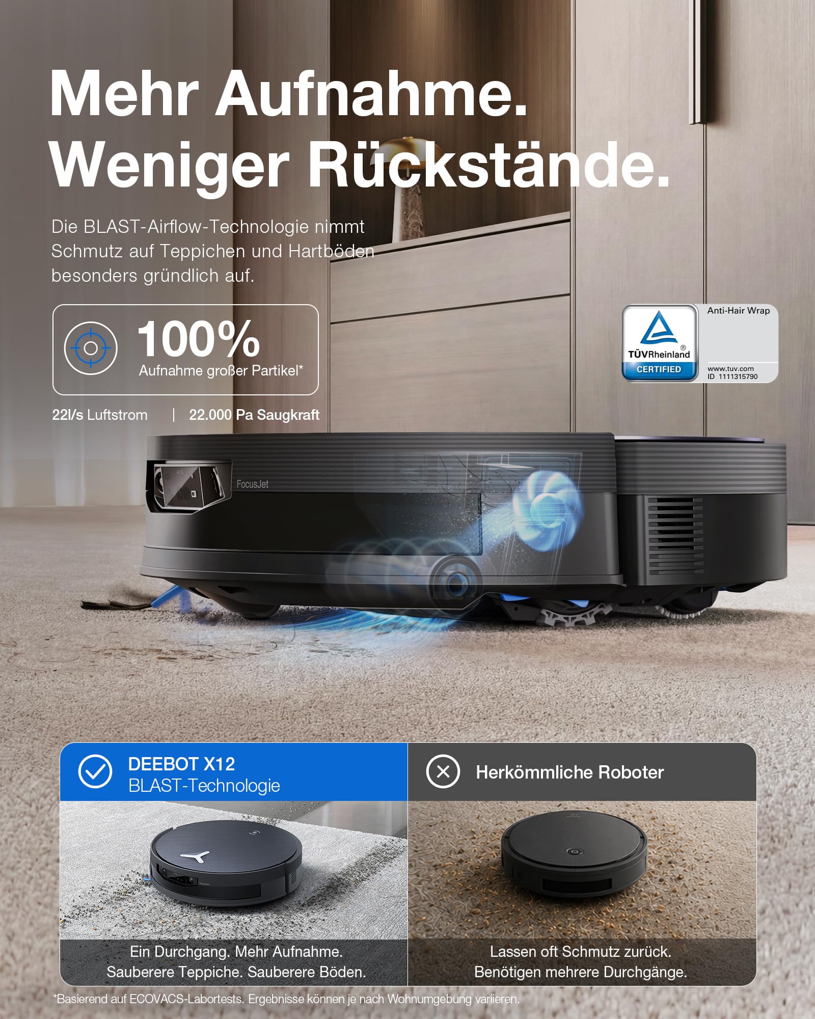 ECOVACS X12 OMNICYCLONE Saugroboter mit Wischfunktion, 22.000 Pa Saugkraft | FocusJet-System zur Fleckenvorlösung, PowerBoost, OZMO ROLLER 3.0, ausfahrbare Mopprolle, PureCyclone Auto-Entleerung, BLAST