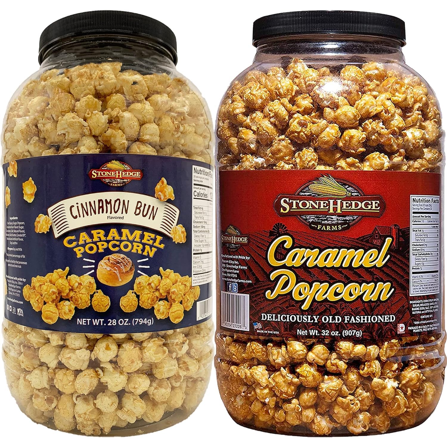Stonehedge Farms Flavored Popcorn Variety Pack | Caramel & Cinnamon Bun | 30 oz (Pack of 2) | Bulk Popped Carmel Corn | Made in the USA