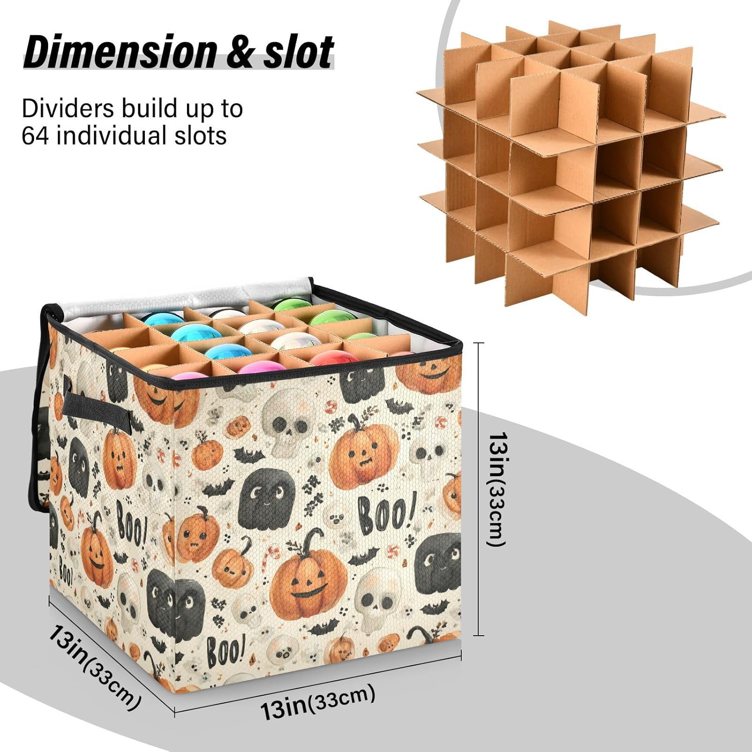 OTVEE Christmas Ornament Storage Box Holiday Decoration Organizer Stores upto 64 Holiday Ornaments Adjustable Dividers Tear-Proof Fabric Halloween Cute Decor