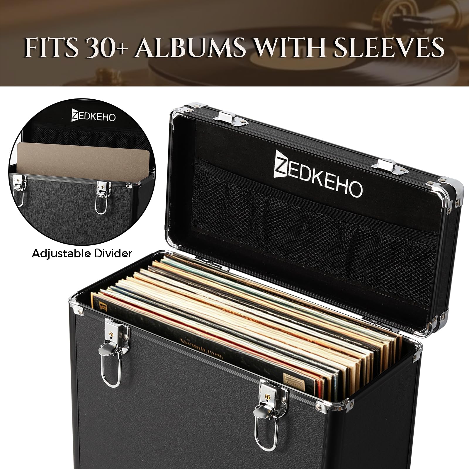 ZEDKEHO Caja de almacenamiento de discos de vinilo con cerradura, capacidad para más de 35 álbumes de LP, almacenamiento de discos reforzado con protección contra el polvo y la humedad para discos de