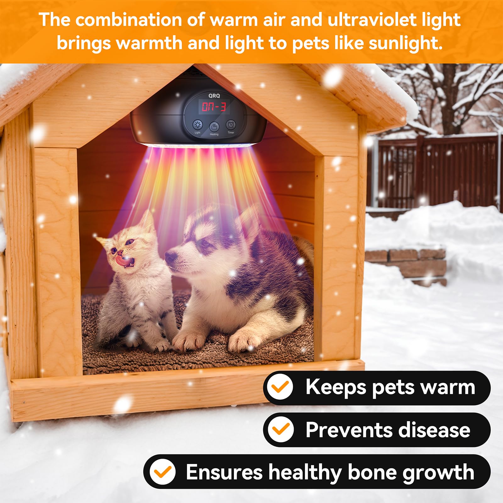 QRQ Chicken Coop Heater, 200W-350W-500W Reptile Heat Lamp with UVA UVB Dimmable Light 3-6-9-12H Timer, Chicken House Dog House Greenhouse Heater Outdoor,for Dog Cats Reptile Bird,Christmas Gifts — view 7