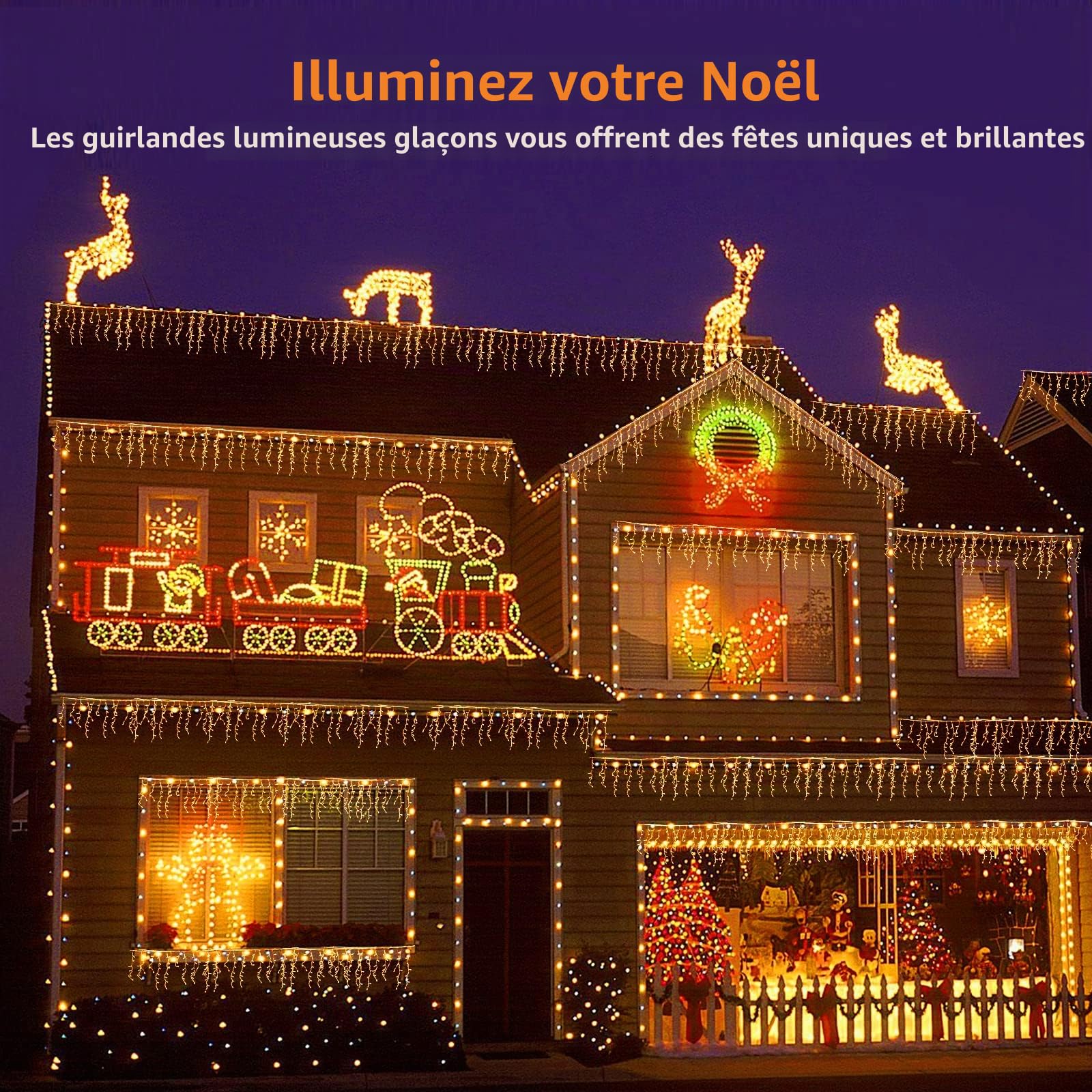 20M Icicle Lights Rideau de Noël extérieur Guirlandes lumineuses alimentées par le secteur Lumières de glace extérieures avec 108 gouttes pour décorations de Noël Gazebo d'intérieur, Blanc chaud