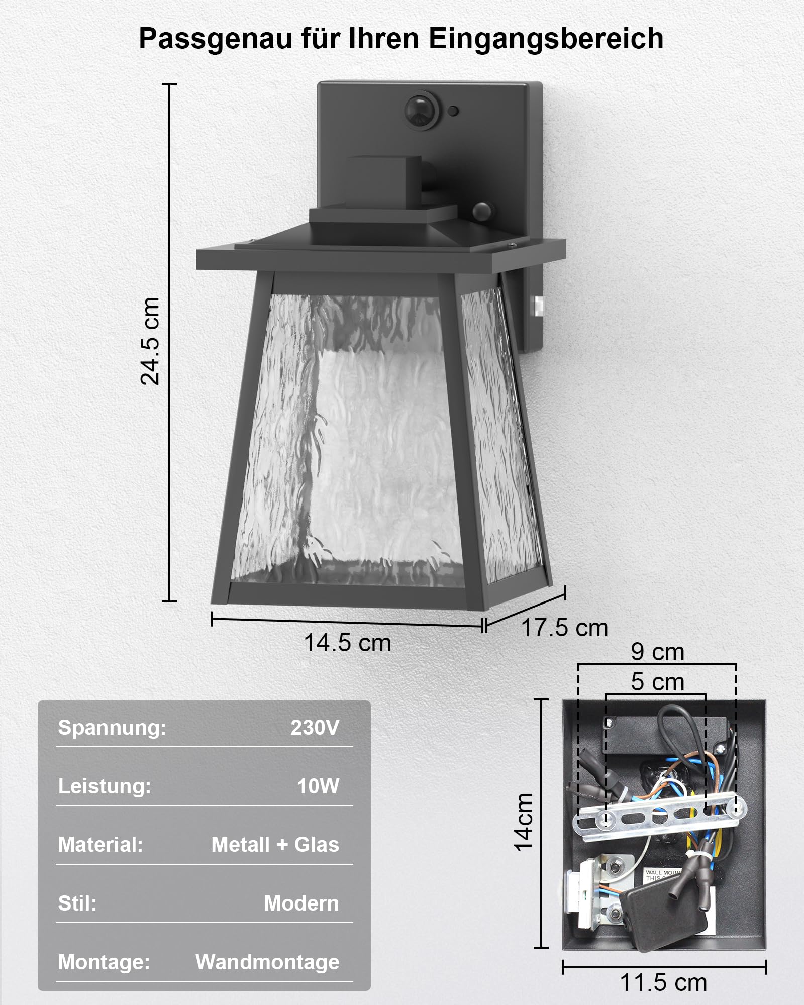 LED Außenlampe mit Bewegungsmelder 10W Wandleuchte Aussen Anthrazit IP44 Moderne Wandlampe 230V Trapezförmig für Terrasse, Hof inkl.3CCT Modul 800ML