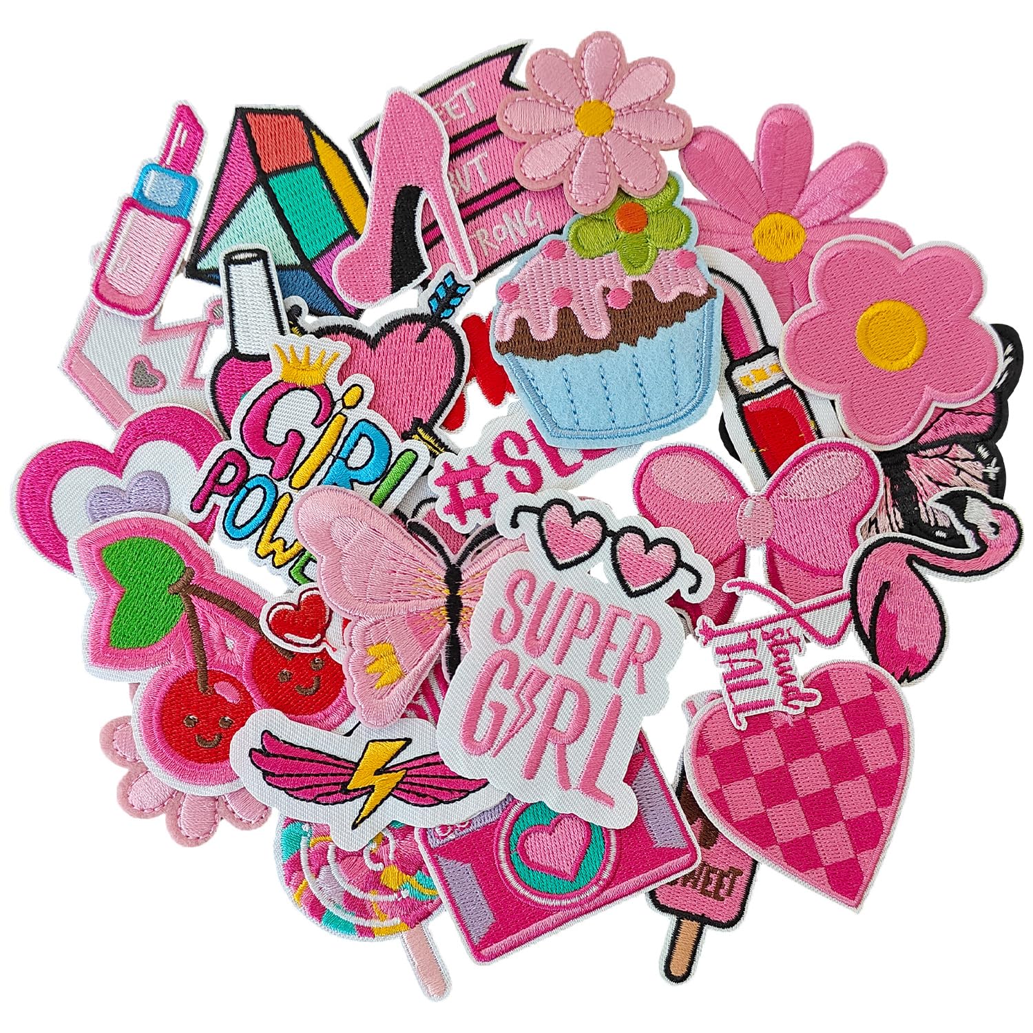IANZE 32PCS Pink Girl Iron on Patches, Sew on Embroidered Applique Pink Patches for Clothes, Jeans, Hats, T-Shirts, Backpacks, Etc — image 1