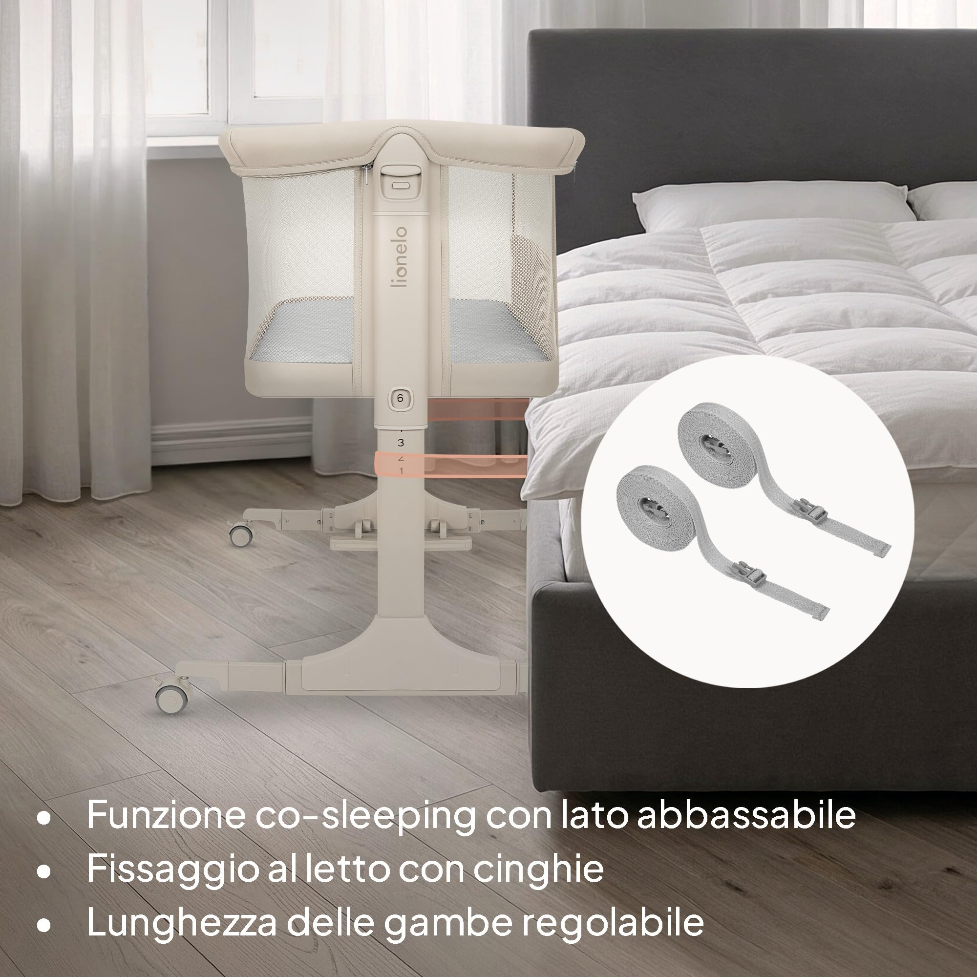 lionelo PARI Culla Co Sleeping Fianco Letto 3 in 1, Regolabile in Altezza 6 Livelli, Materasso T25 2 cm, Ruote con Blocco e Dondolo, Gambe Regolabili per Letto Continentale, Rivestimento Lavabile