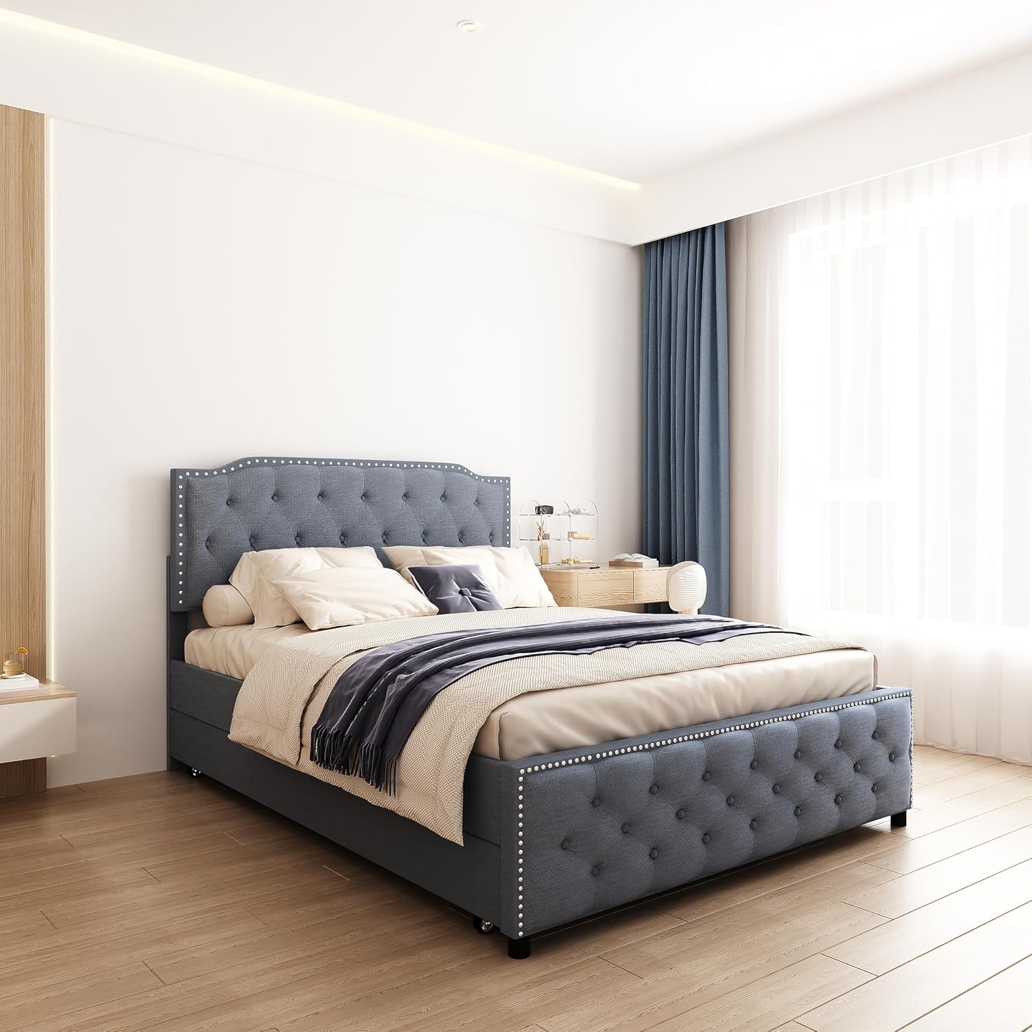 Full Size Upholstered Platform Bed with Trundle for Kids,Solid Wood