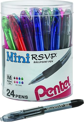 Pentel RSVP Mini - Bolígrafo, (1.0mm) trazo medio, 24 tintas surtidas en paquete cilíndrico transparente (BK91MN24M)