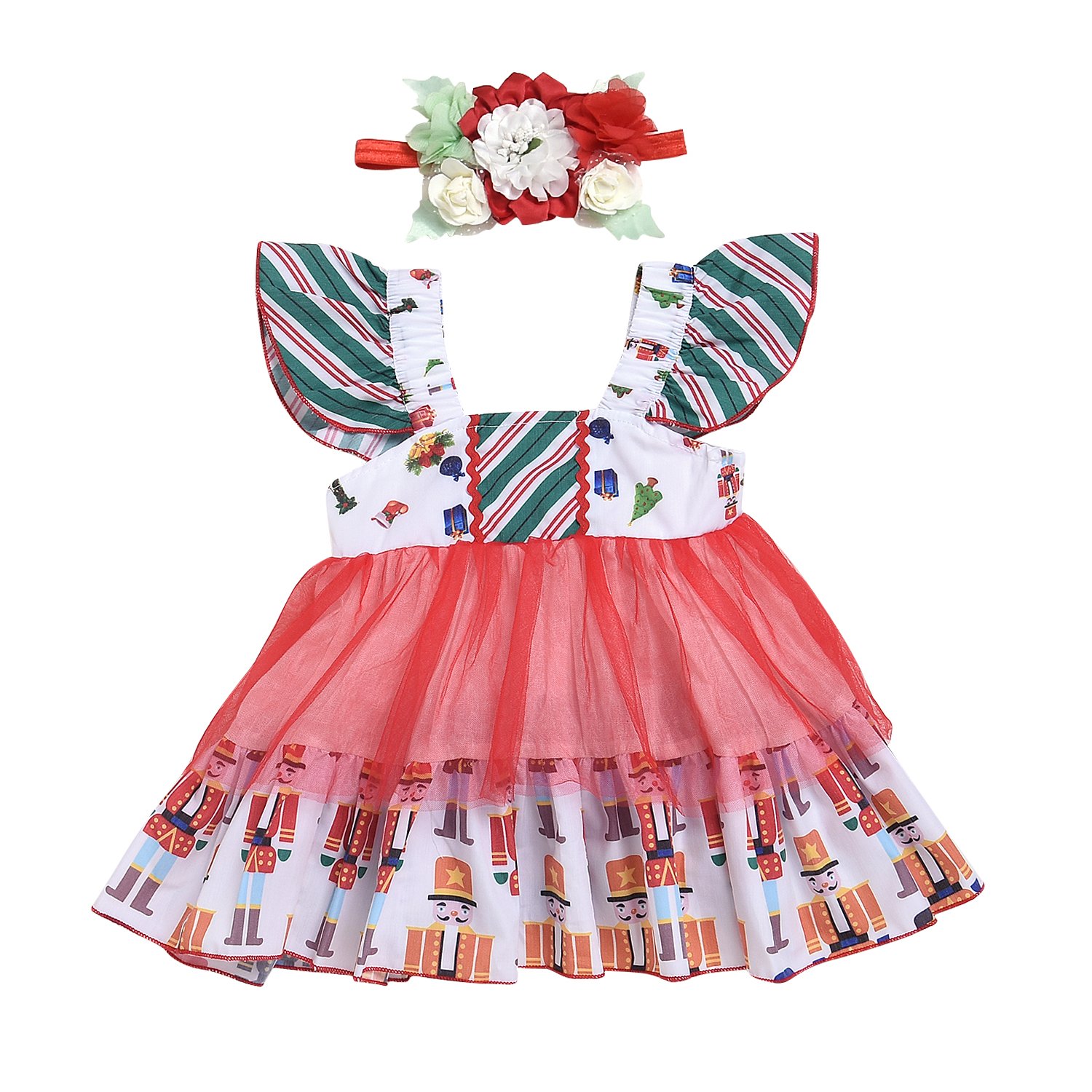 Newborn Kids Baby Girls Cartoon Christmas Dress +Headband Princess Party Clothes Set (100(18-24M), Red)