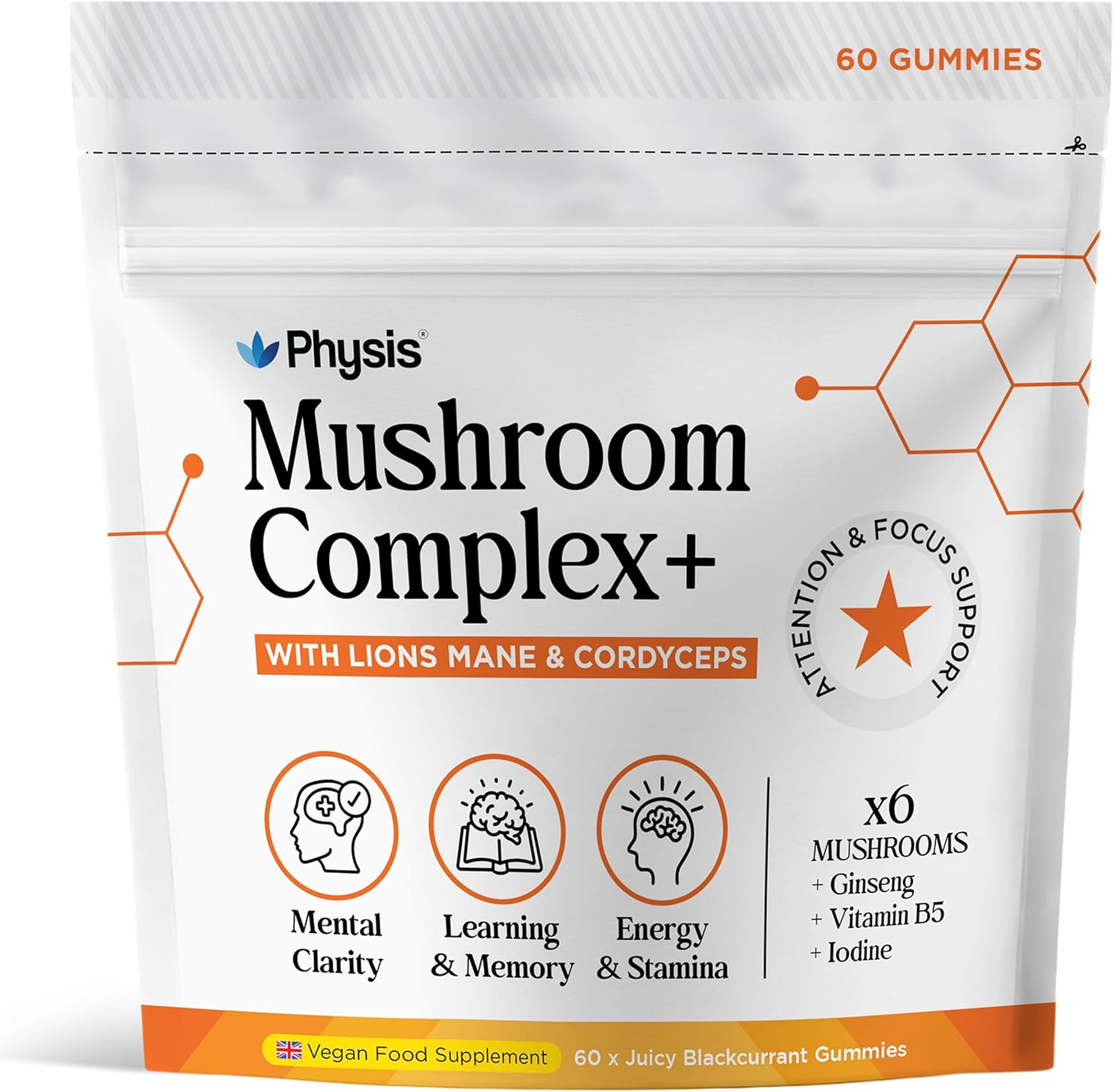 Physis Mushroom Gummies Complex 2000mg | Attention Focus Clarity | Immunity & Energy | Brain Support | High Strength | Maitake, Reishi, Lion’s Mane & Chaga | 60 x Juicy Blackcurrant 1 Month Supply