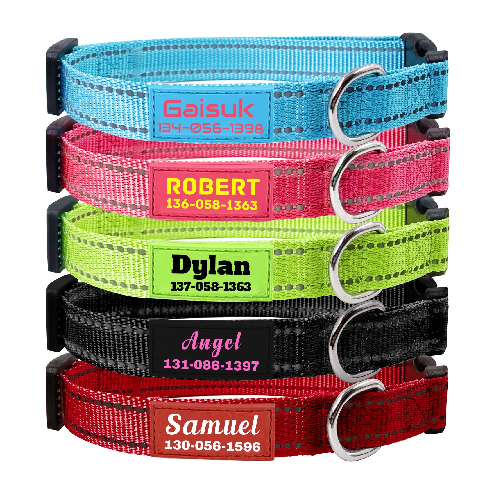 Collar de Perro Personalizado,Collar de Nailon Reflectante,Nombre y Número de Teléfono Personalizables,Collars para Perro de 4 Tamaños Ajustables,Apto para Perros Pequeños, Medianos y Grandes.