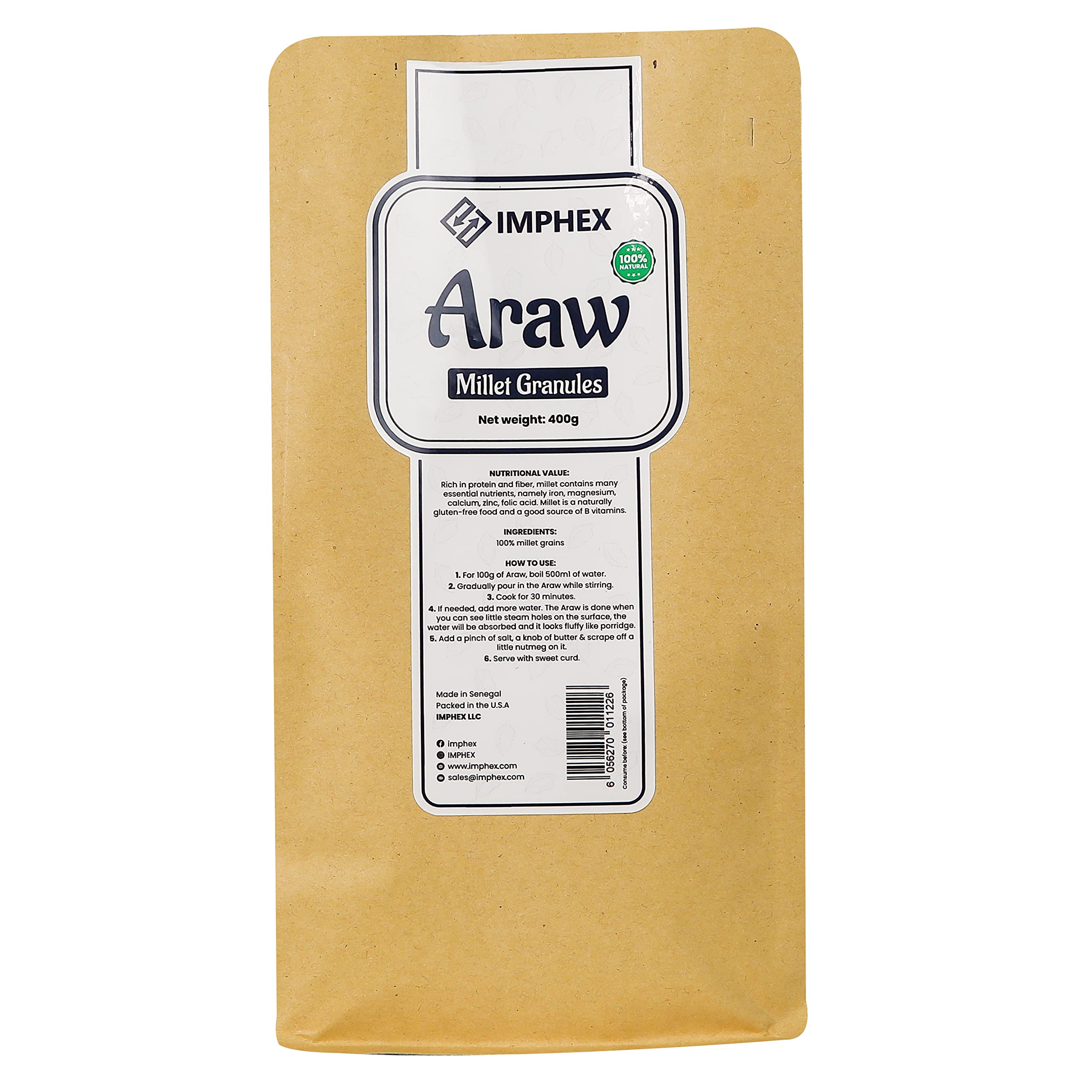 IMPHEXArraw | African Small Hand-Rolled Millet Balls For Porridge | 500g (1.1 Pound) | Vegan | Gluten Free | Non GMO