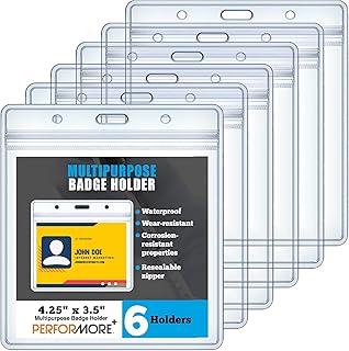 Performore 6-Pack Badge Holders Card Protector 4x3 Clear Plastic Horizontal Badge Holder | Thick Name Tag ID Card Protector Sleeves | Large Transparent Waterproof ID Display