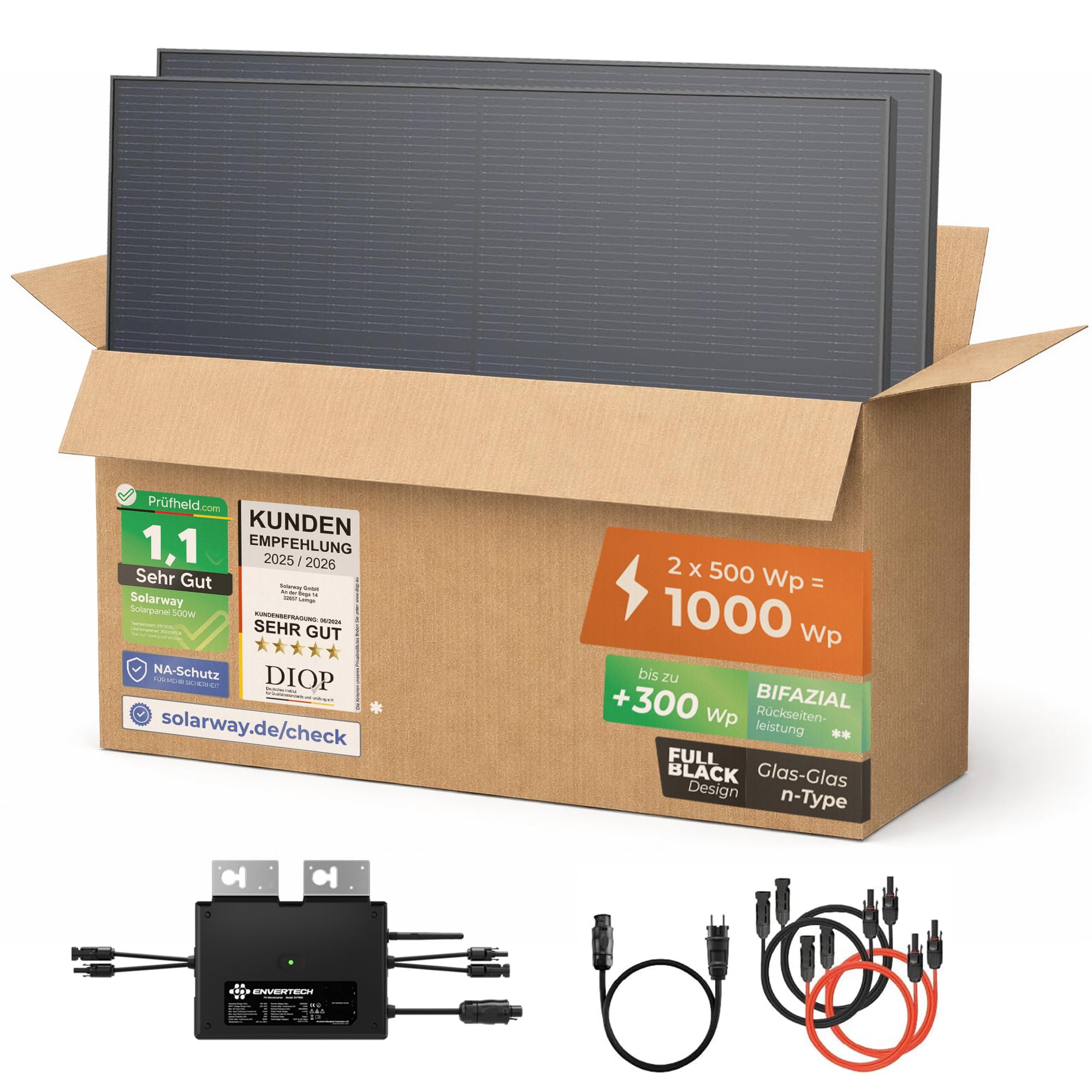 Solarway® 1000W Balkonkraftwerk 800W komplett Steckdose - neuester 800 Watt Wechselrichter - Solaranlage Komplettset - 500W bifaziale Solarmodule & Envertech & Zubehör