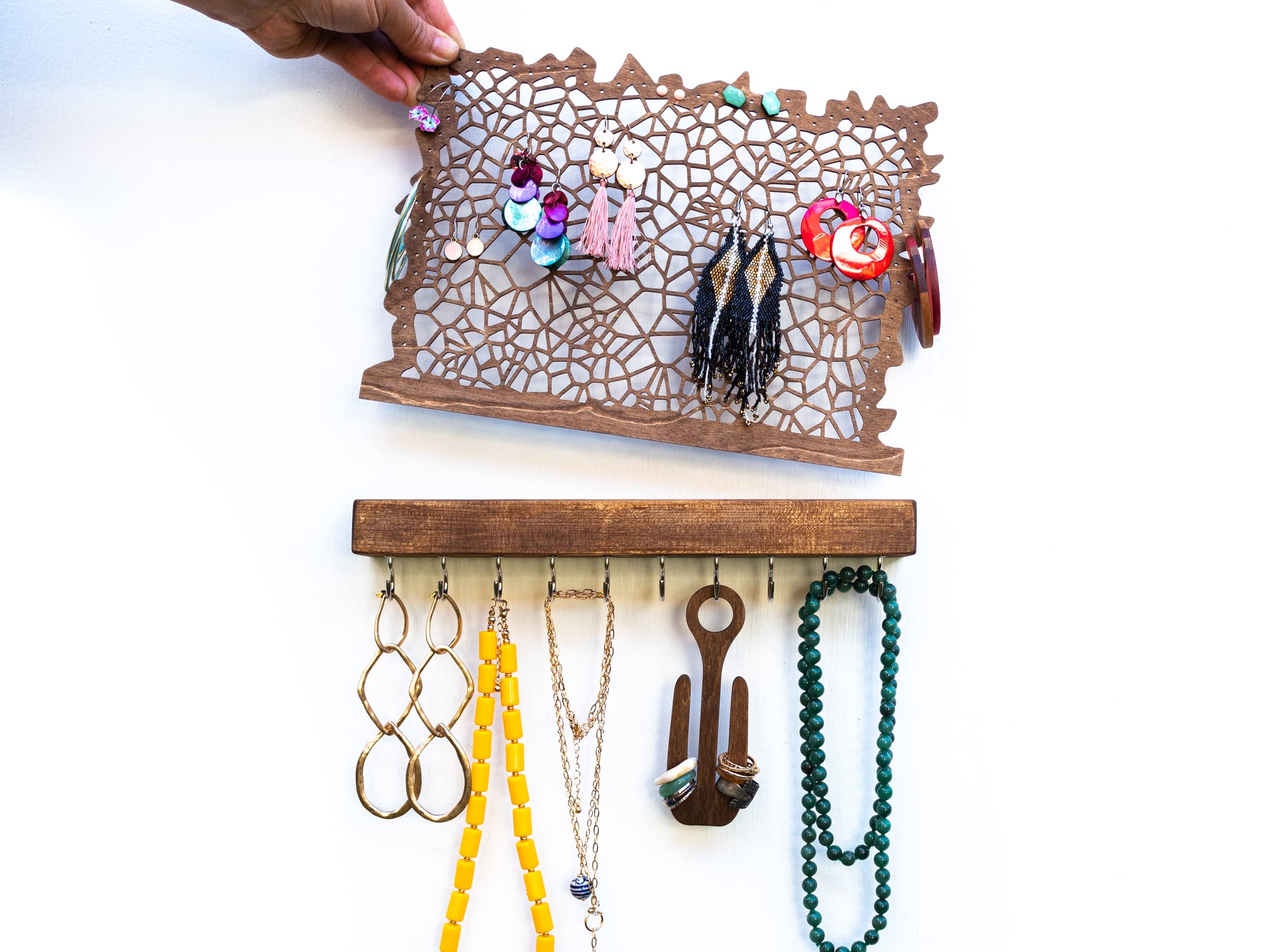 Schmuckaufbewahrung aus Holz für Ohrringe Ringe Ketten Armbänder und Ohrstecker - Handgemacht in Deutschland - Schmuckdisplay zum Anhängen - einfache Wandmontage