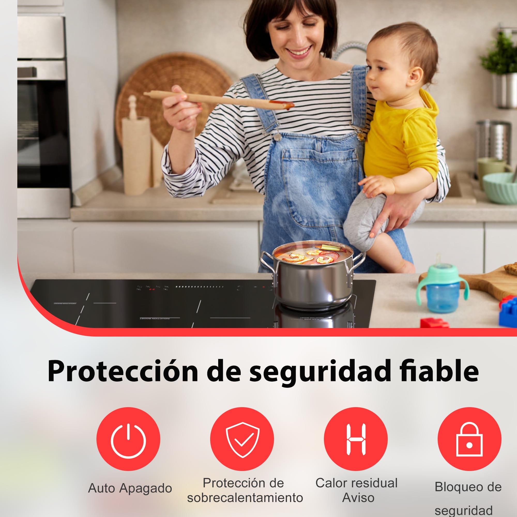 Placa Inducción 5 Zonas, Placa Inducción Integrada de 90cm Autosuficiente | Hobsir, 7200W, Zona Flexible Para Grill, Control Táctil Deslizante, Bloqueo de Seguridad, Función Boost, 240v, Sin Enchufe