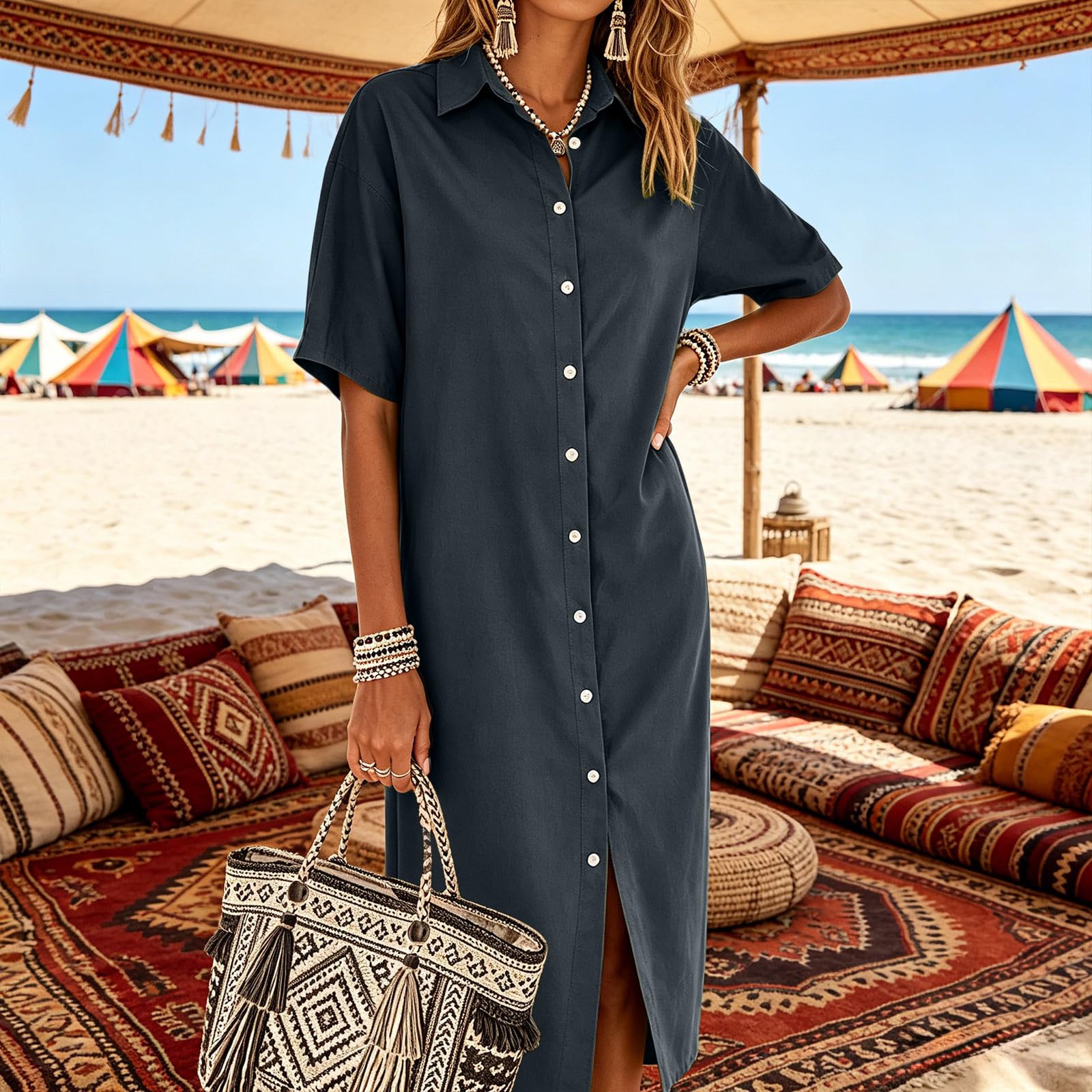 Vestido Camisero Informal de Manga Larga para Mujer, Vestidos Verano Mujer Manga Corta Verano Mujer Vestidos