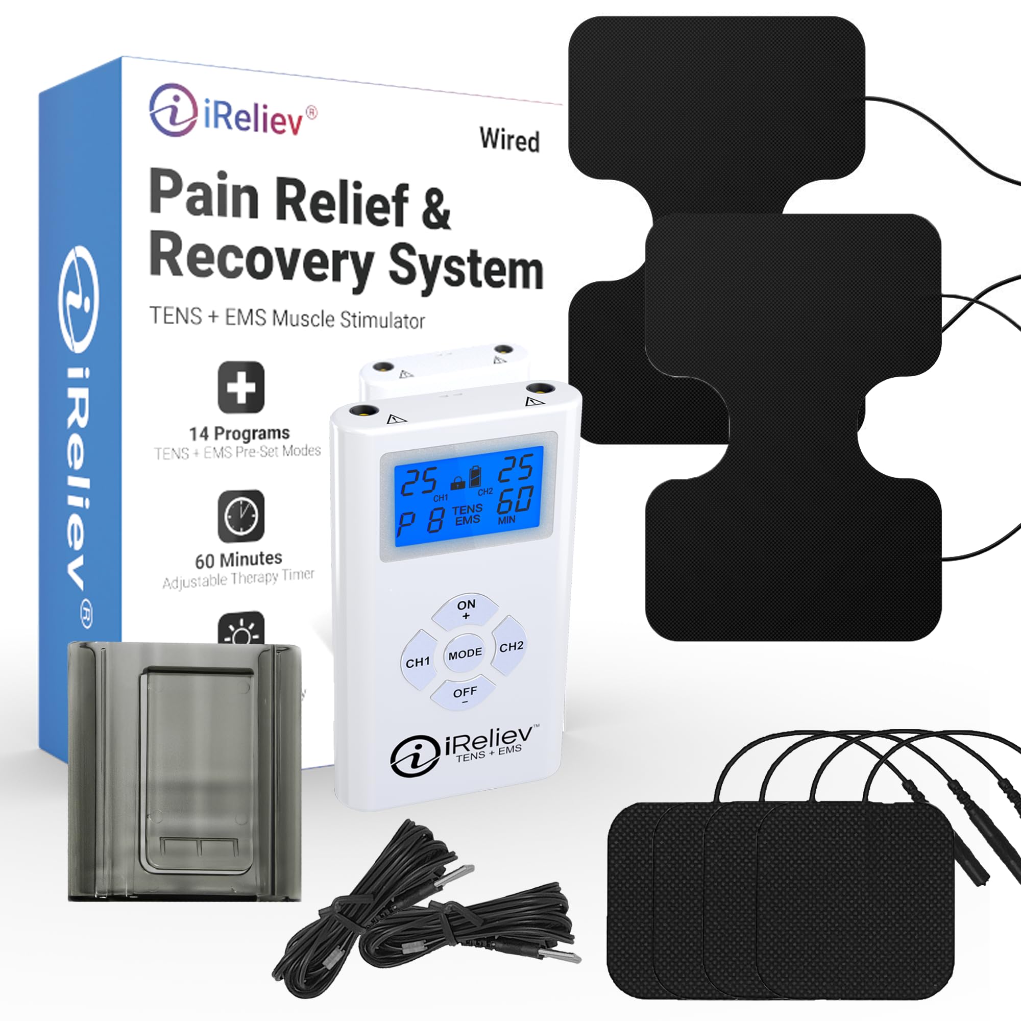 iReliev TENS + EMS Combination Unit Muscle Stimulator for Pain Relief & Arthritis & Muscle Strength with Backlit Display