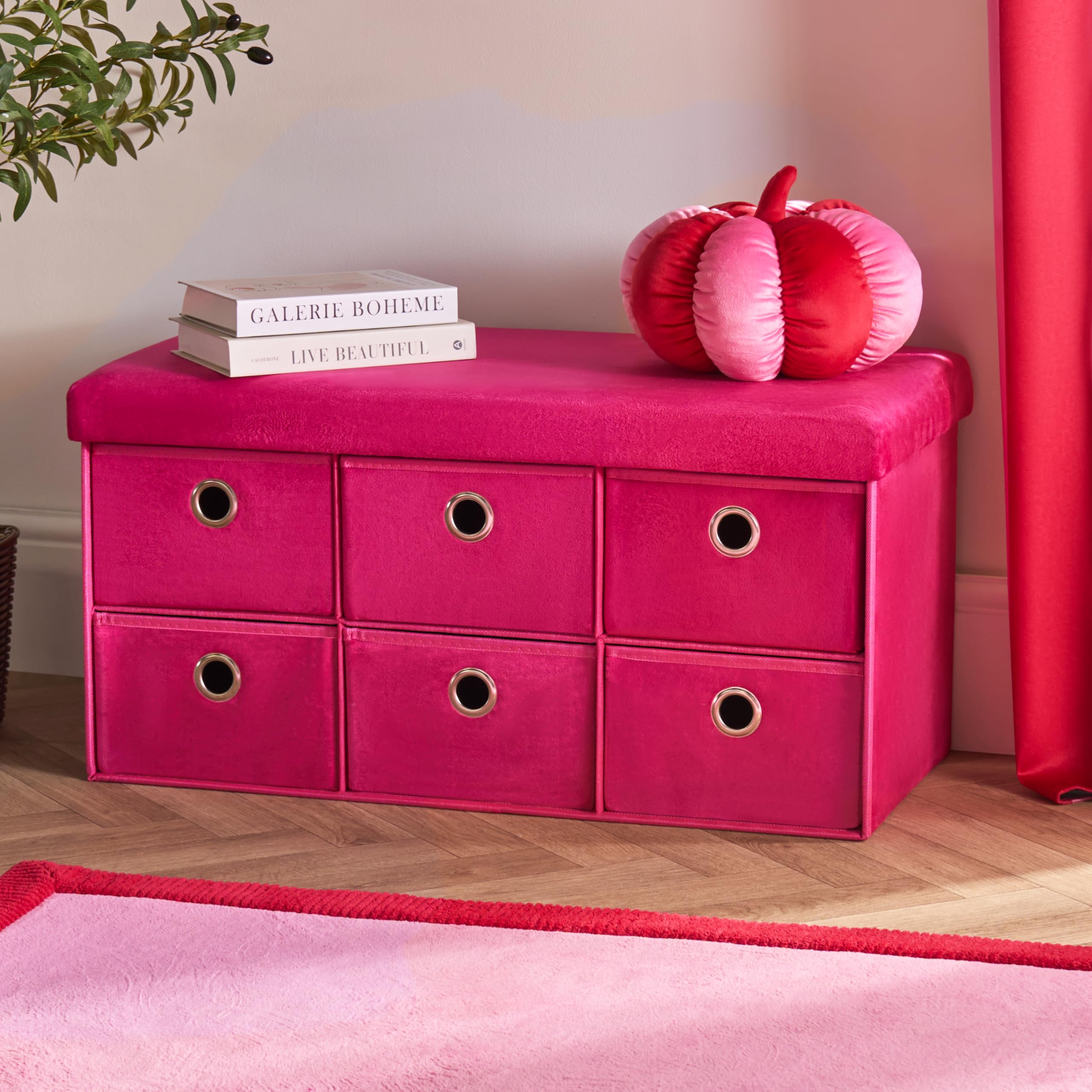 OHS 6 Fabric Drawers Storage Unit, Matte Velvet Upholstered 6 Cube Drawer Storage Chest of Drawers with Metal Handle Cube Storages Unit Organizer for Bedroom Livingroom, Bright Pink โ image 1