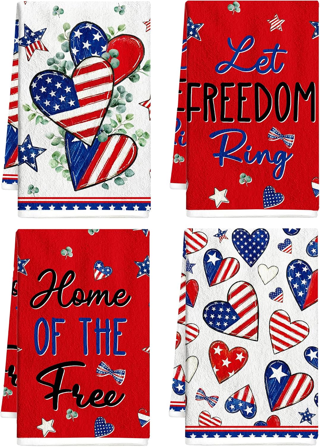 4th of July Kitchen Towels Set of 4, American Flag Stars Hearts Patriotic Dish Towels, Memorial Day Independence Day Hand Towels for Bathroom Home Decorations 16 x 24 Inches