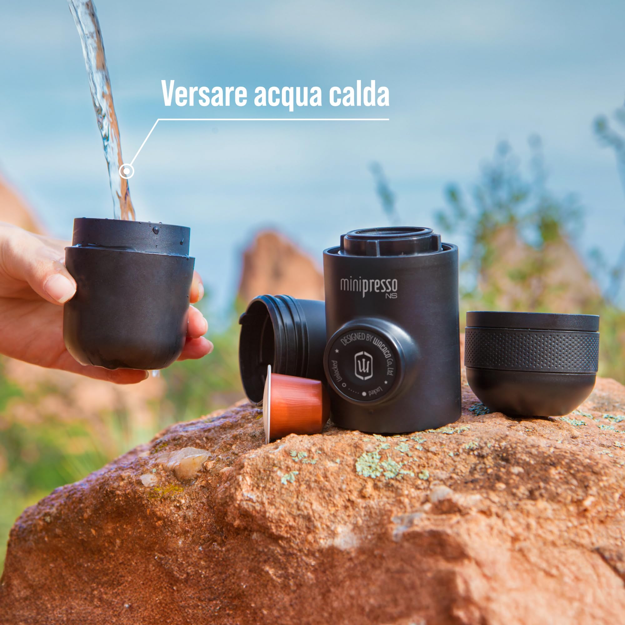 WACACO Caffettiera Portatile, Azionabile Manualmente, Macchina Caffe Portatile, Compatibile con Capsule *Nespresso®* (capsule originali NS e compatibili), Caffettiera da Viaggio, Minipresso NS, Nero
