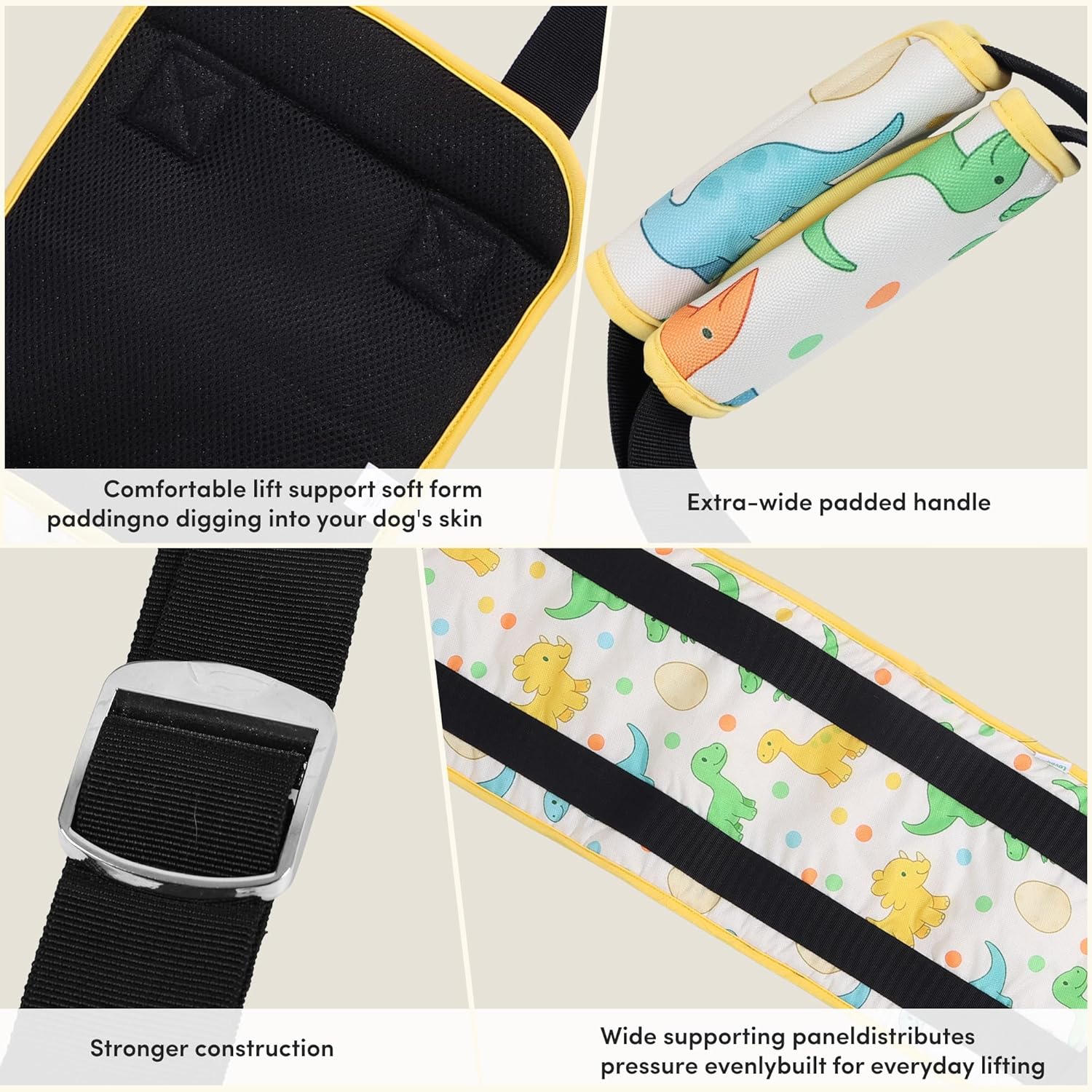LovinPet Adjustable Dog Lift Harness for Medium & Large Breeds,3-Layer Rear Support Sling with Padded Handles, Quiet Hook-and-Loop, Easy-On for Senior & Injured Pets – Dinosaur Print, Yellow