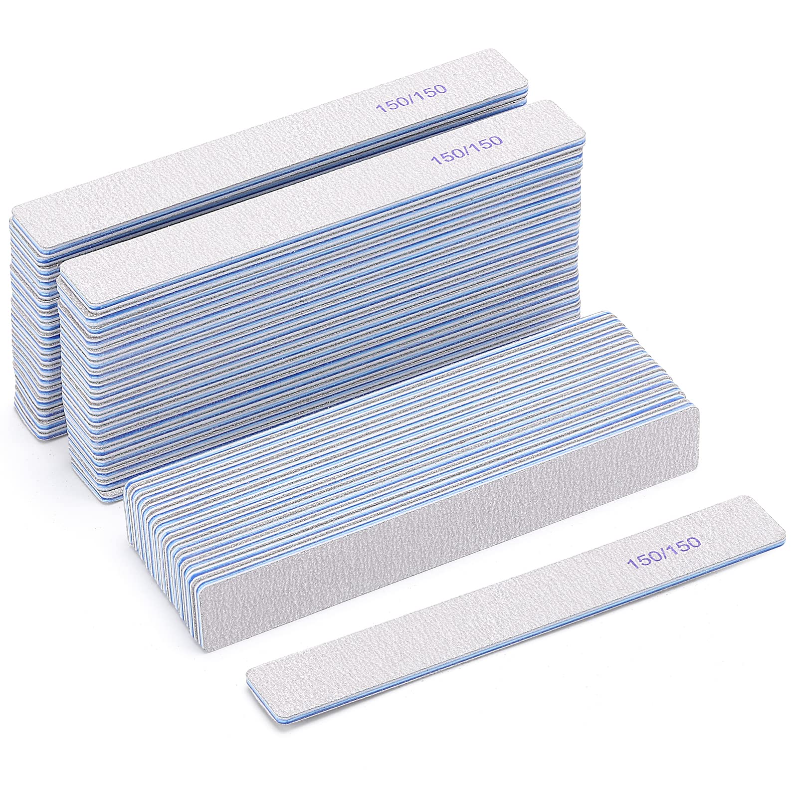 50 Pieces 150/150 Grit Rectangle Nail Files for Acrylic Nails, Reusable Buffing Nail Files Double Sided Emery Boards Manicure Tool