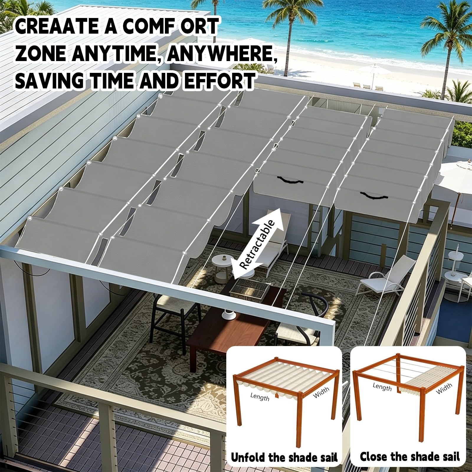 Einziehbares Sonnensegel 140 x 300 cm Pergola, Wasserabweisend Einziehbar Welle Überdachung, Uv-Schutz 50+, Wetterfest, Sonnenschutz für Garten Pergola Balkon Terrasse, Hellgrau