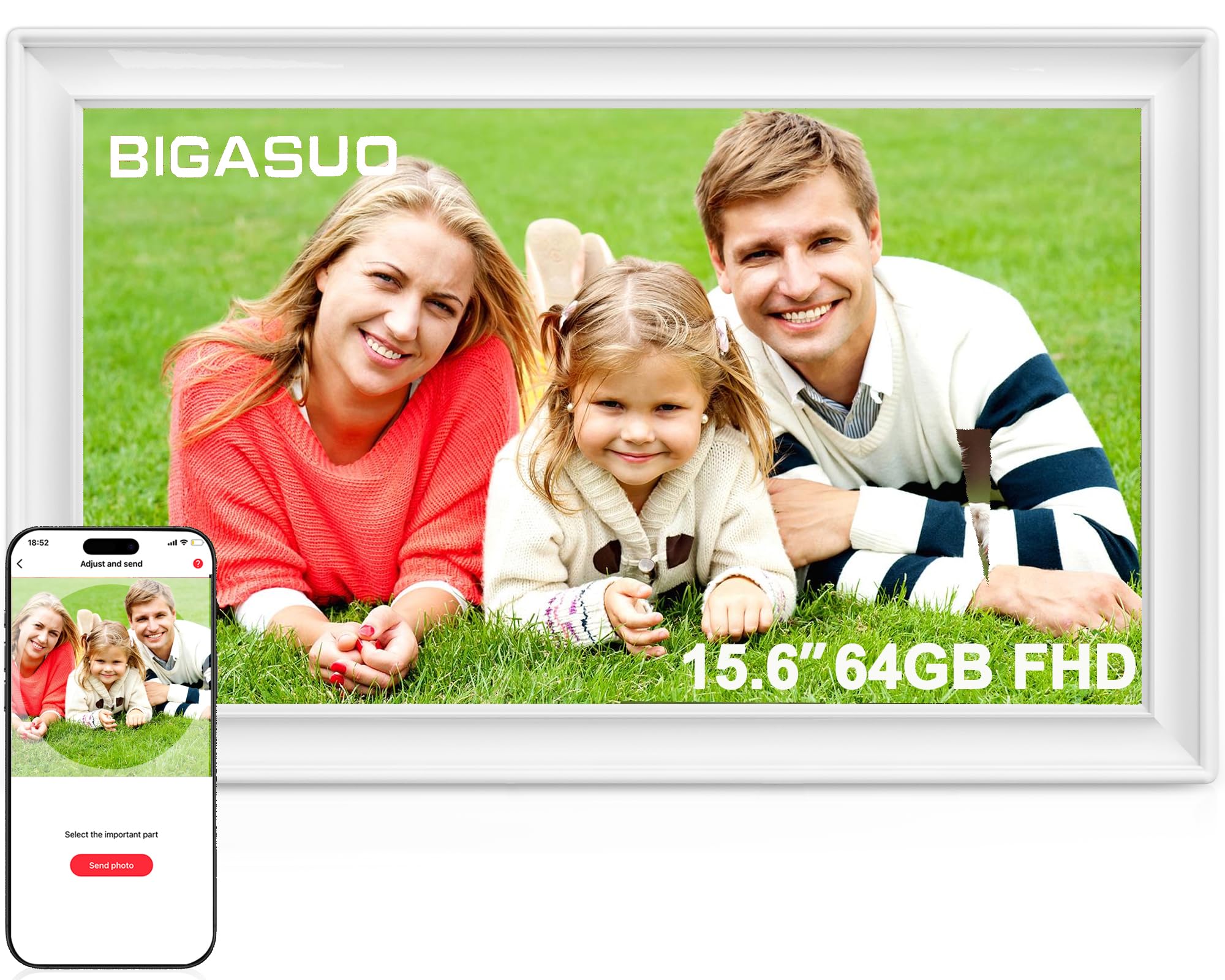 BIGASUO Marco de fotos digital Frameo de 64 GB, 15.6 pulgadas, WiFi, pantalla táctil IPS FHD de 1920 x 1080, blanco, envía fotos desde el teléfono