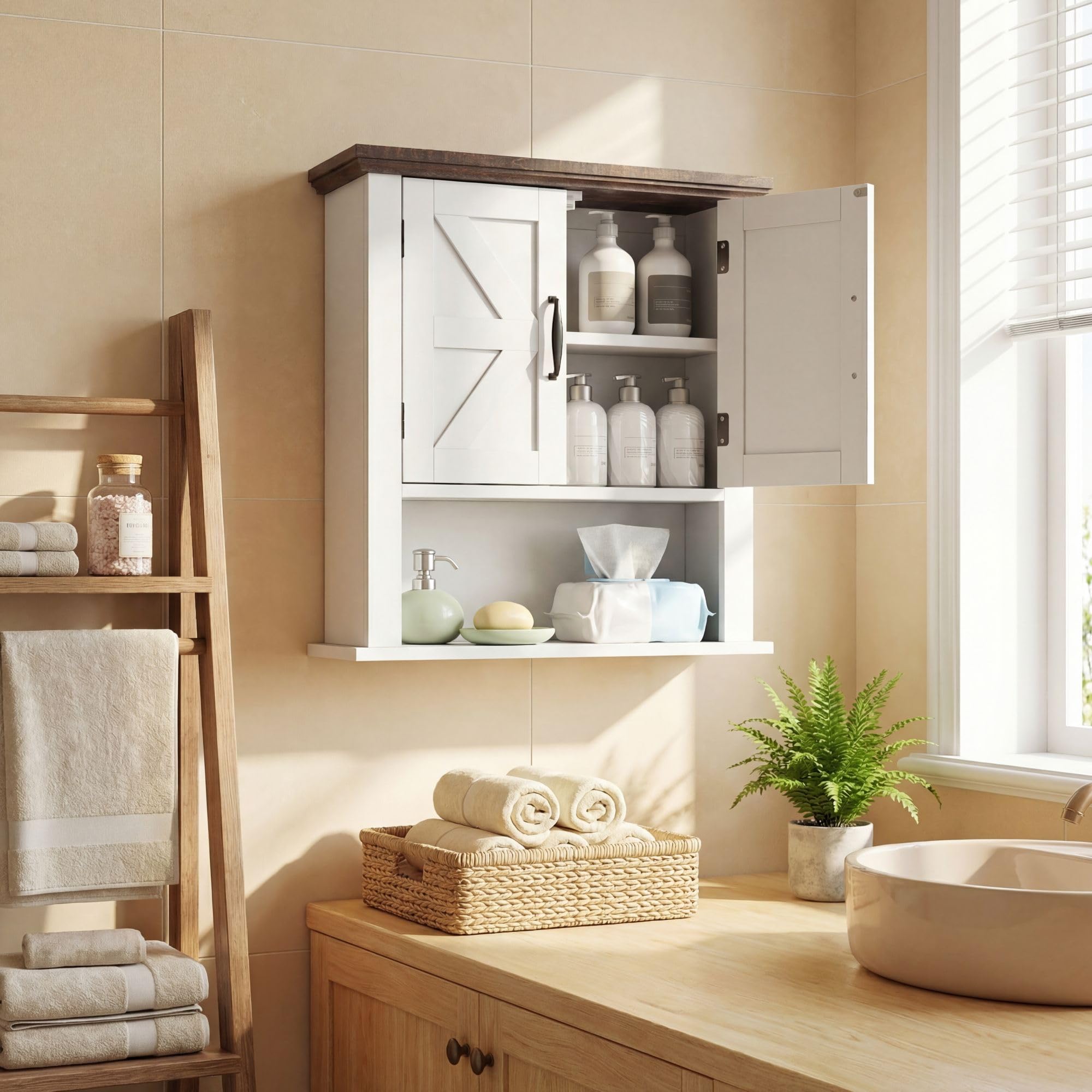 GIANTEX Armario de Pared para Baño, Mueble Colgante con 2 Puertas y 1 Compartimento Abierto, Estilo Granero, Estante Ajustable, 55x19x60cm, Organizador para Cocina, Entrada, Lavandería (Blanco)
