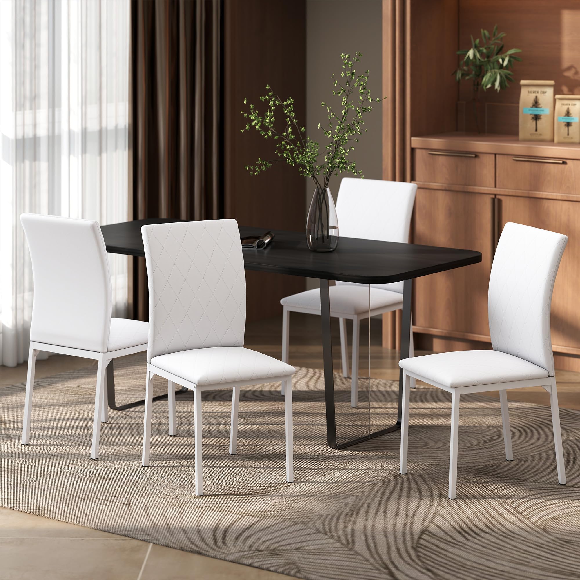 HOMCOM Lot de 4 Chaises de Salle à Manger Modernes, Rembourrées Blanc | Chaises de Cuisine, Capitonnage Rhombique, Pieds en Métal, pour Salon, Maison