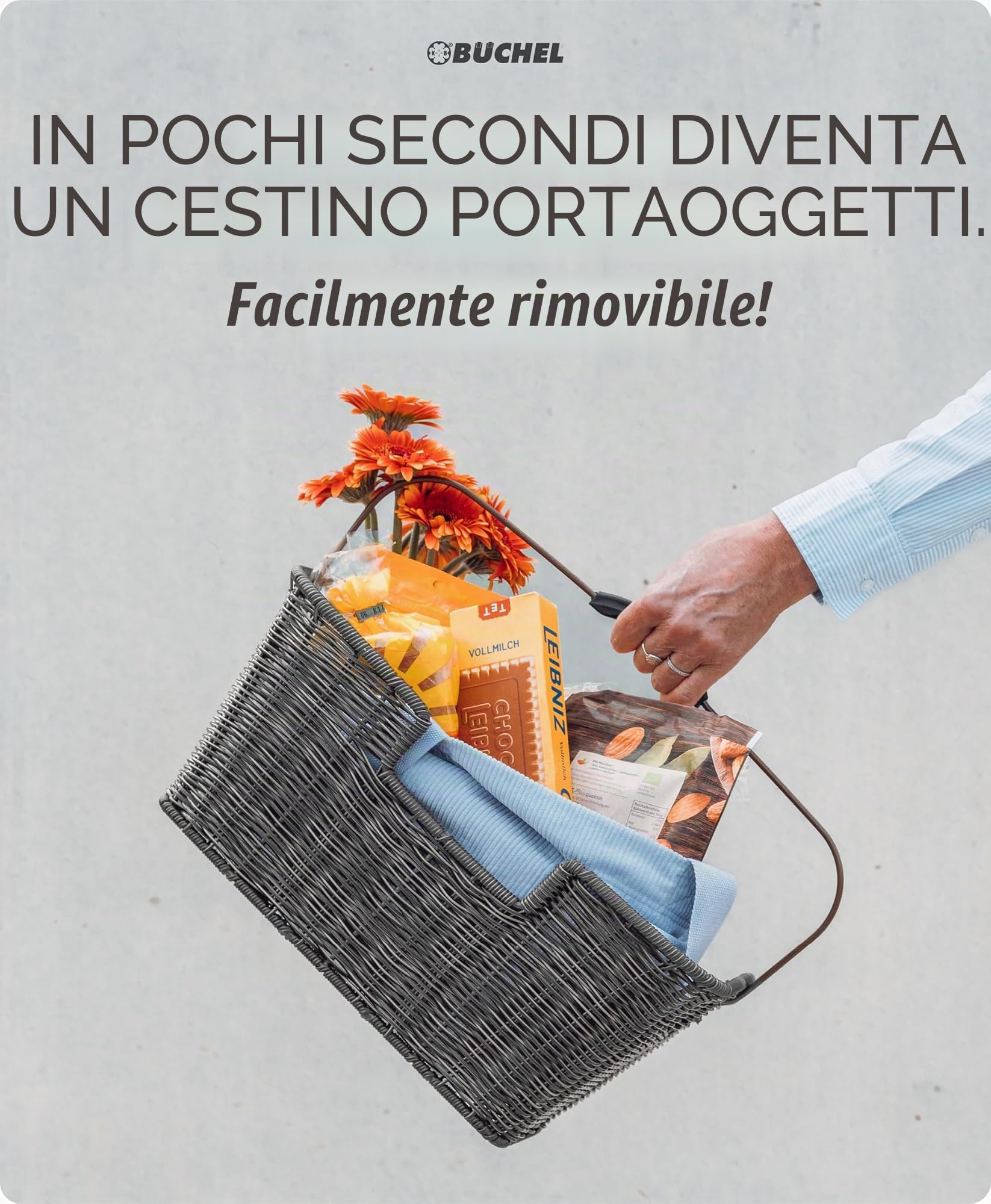 Büchel 40504190 - Cestino per Bicicletta in polyrattan, Colore: Grigio